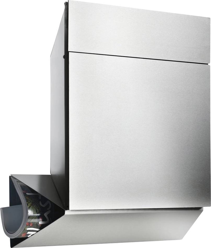 Ein moderner, silberner Briefkasten mit Zeitungsfach.