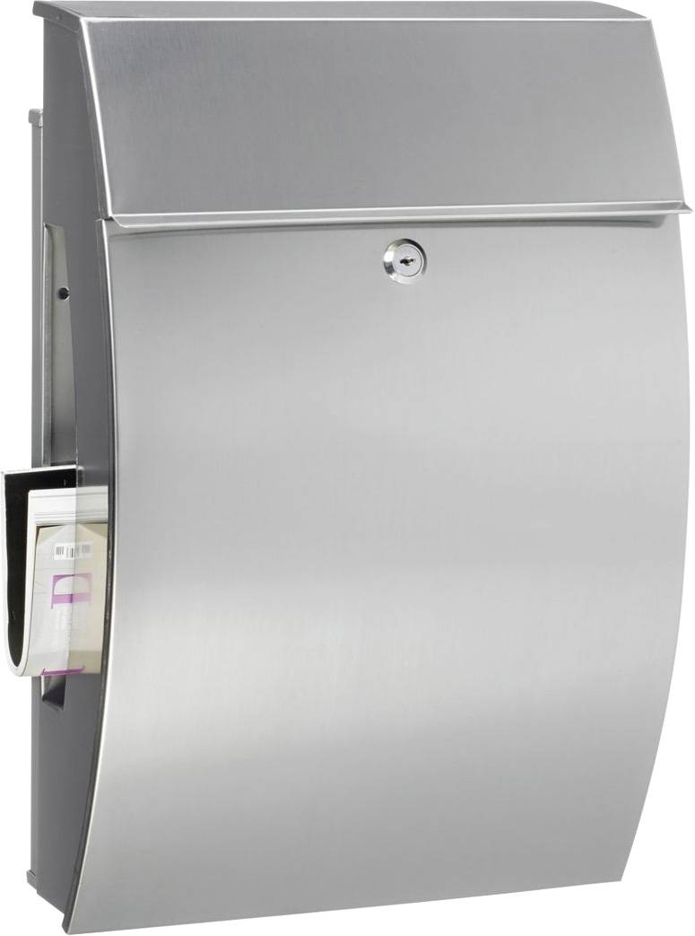 Ein moderner, silberner Briefkasten an einer Wand montiert, mit einem Zeitungsfach an der Seite und einem Schloss oben in der Mitte.