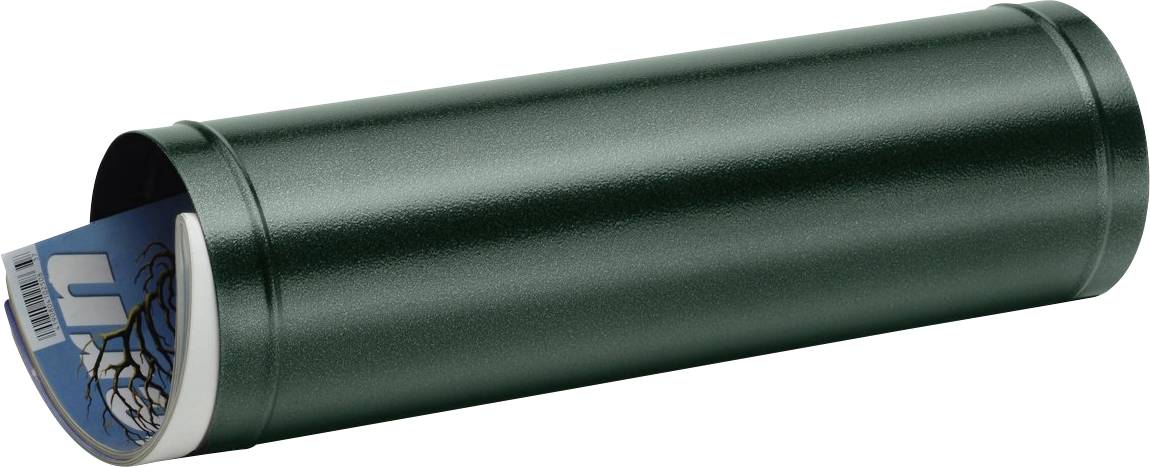 Grünes Posterrohr mit einem teilweise sichtbaren Poster, das blau-weiße Elemente zeigt. Das Rohr liegt horizontal.