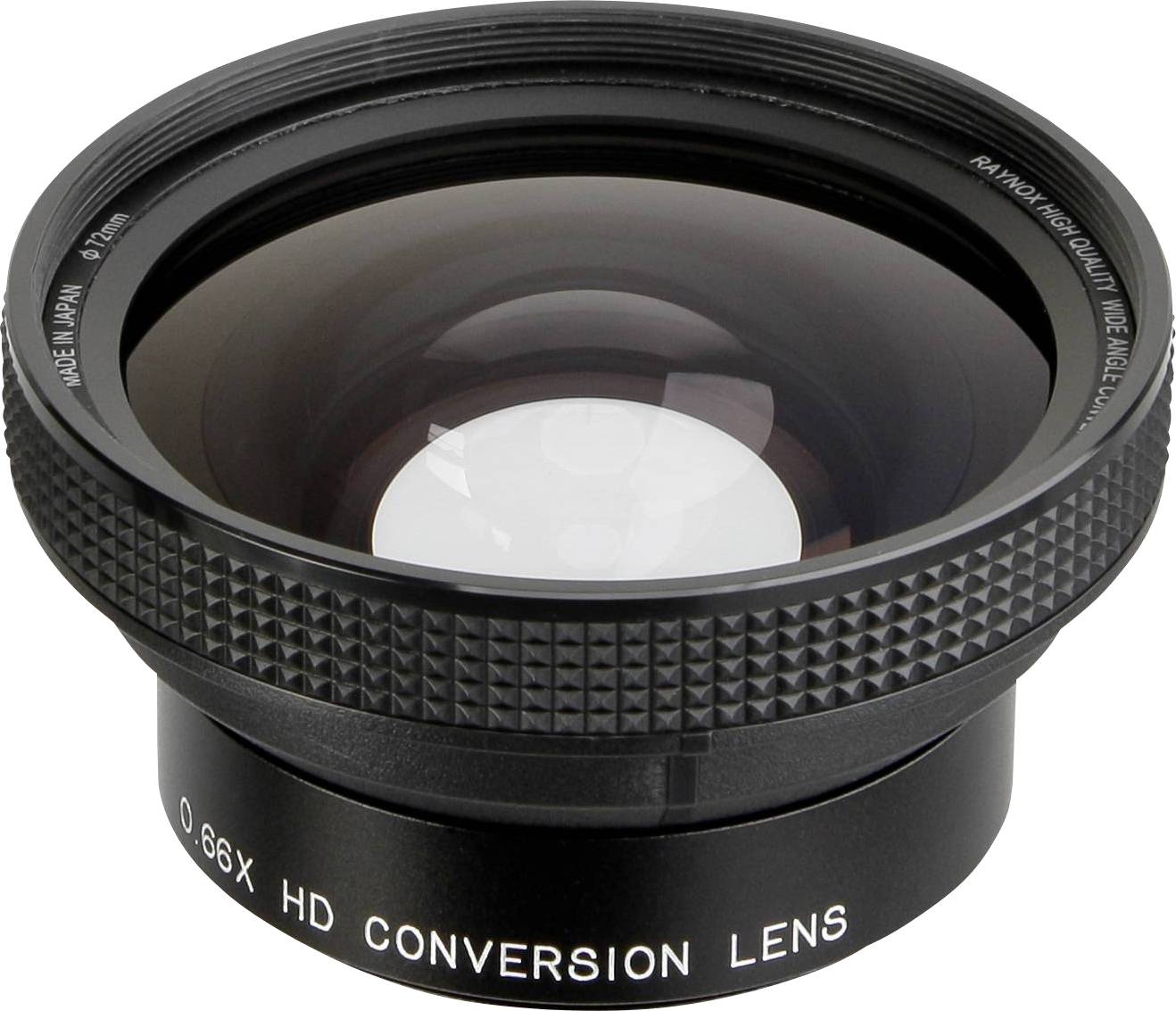 Kamera-Konversionslinse mit Aufschrift '0,66X HD Conversion Lens', auf einer ebenen Fläche. Sie betont die Vielseitigkeit von Objektiv-Zubehör.