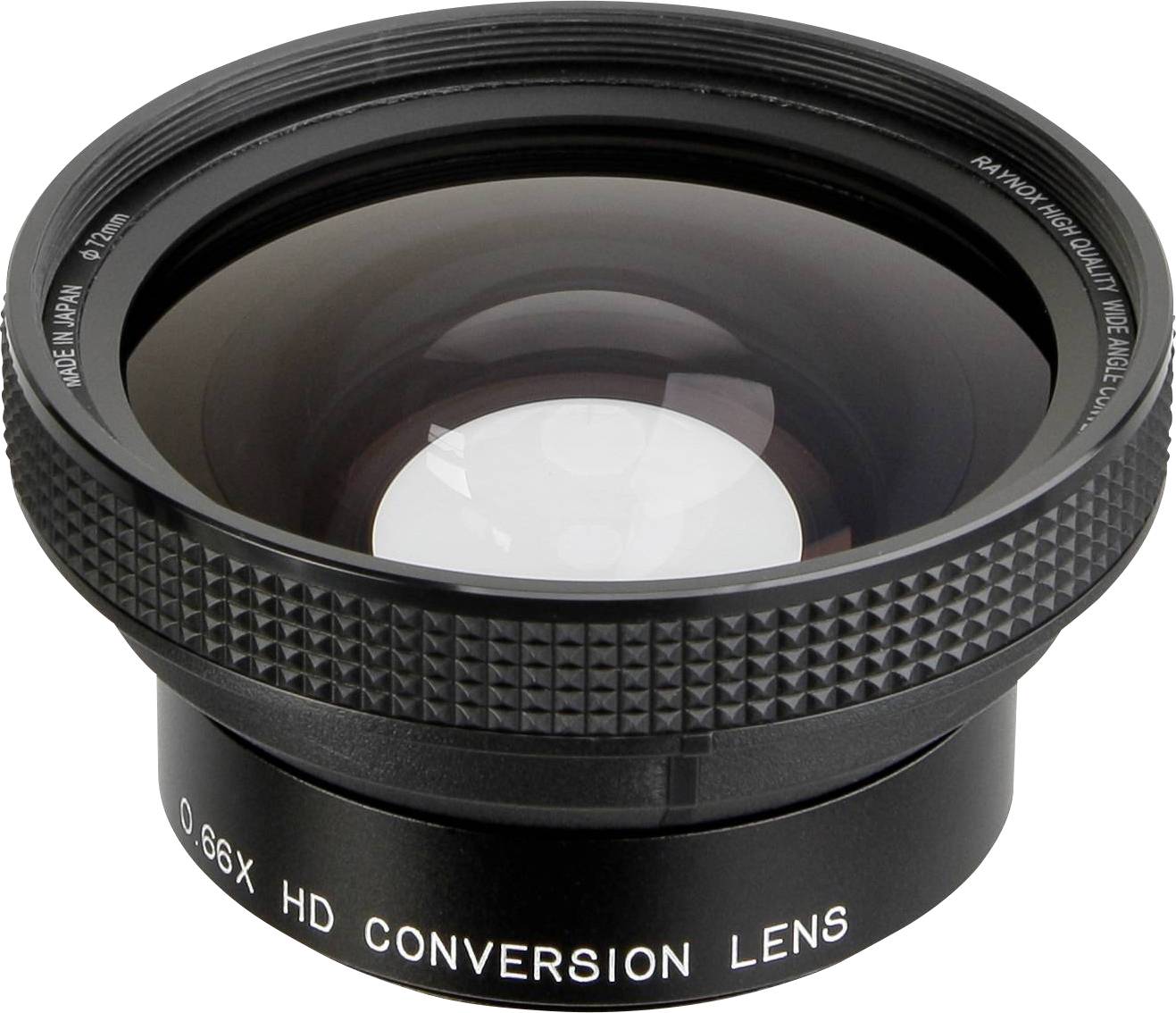Eine schwarze Kamera-Konversionslinse mit der Aufschrift '0.66X HD CONVERSION LENS' an der Seite.