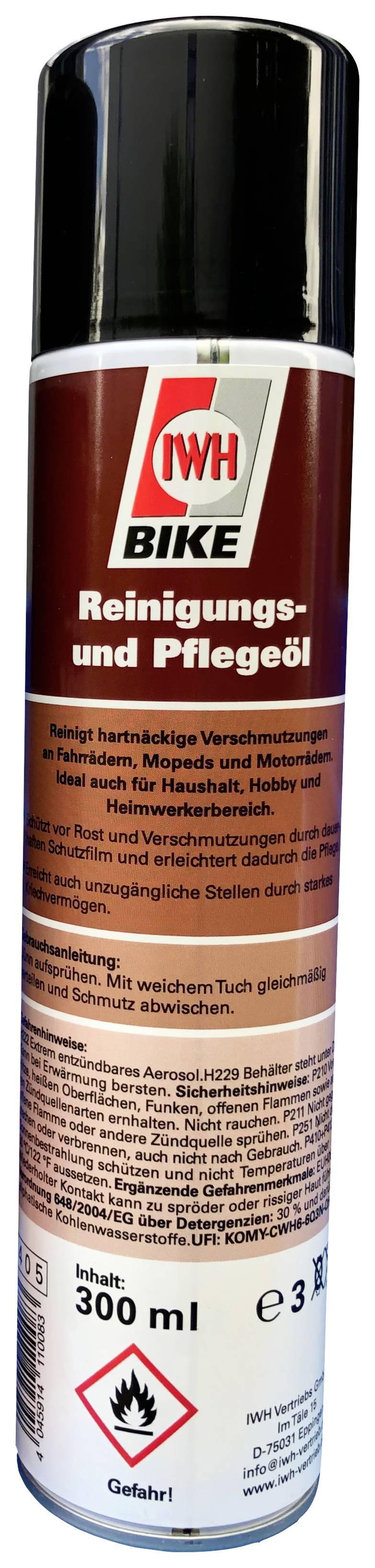 Sprühdose mit Fahrrad-Reinigungs- und Pflegeöl. Roter Hintergrund mit weißen und schwarzen Texten. 300 ml Inhalt.