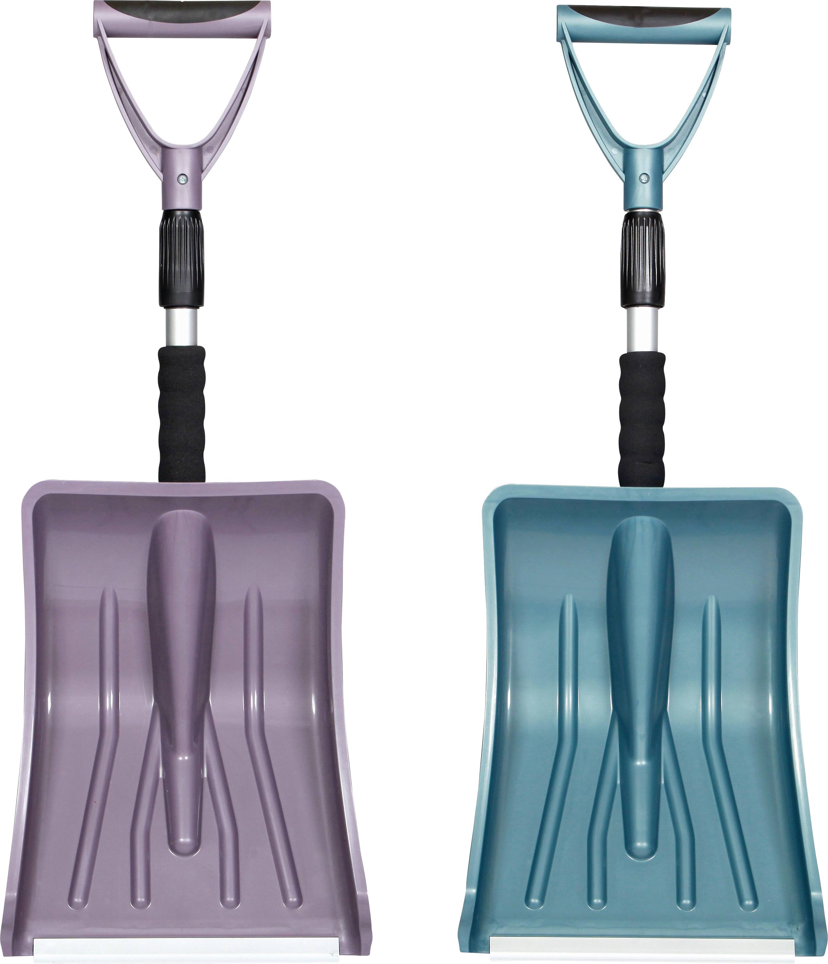Zwei Schneeschaufeln, eine lila und eine blau, nebeneinander stehend. Beide haben ergonomische Griffe und breite Schaufelflächen.