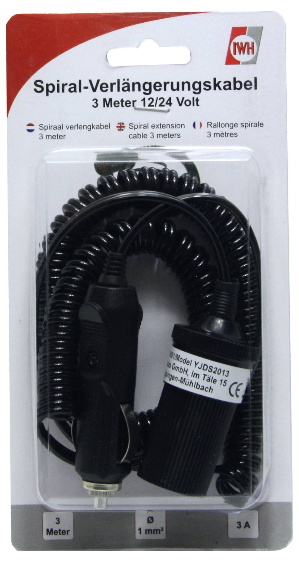 'Spiral-Verlängerungskabel 3 Meter 12/24 Volt.' Schwarzes Spiralkabel für Kfz-Zigarettenanzünder, geeignet für 3A Stromstärke. Verpackung zeigt Produktdetails.