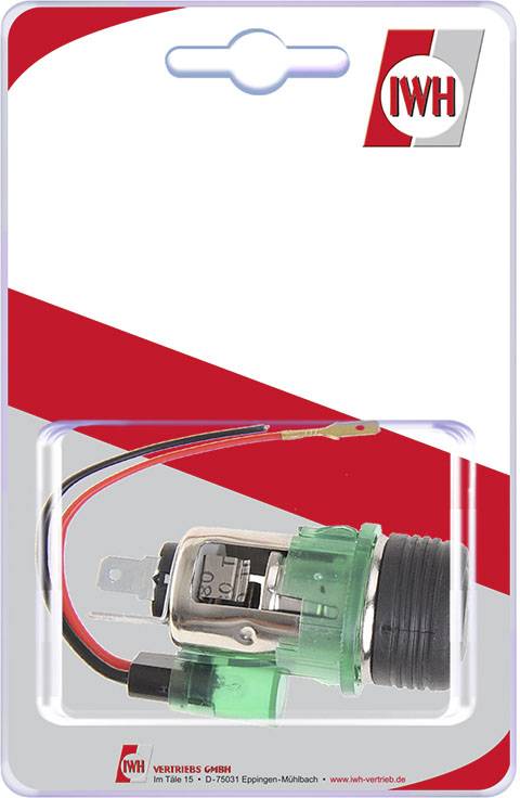 Eine Packung mit einem grünen elektrischen Lufterfrischer für Autos von der Marke IWH, abgebildet auf einem rot-weißen Hintergrund.