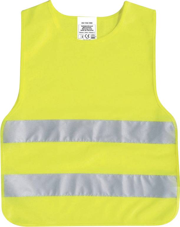Gelbe Warnweste mit zwei reflektierenden Streifen, verwendet für Sicherheit und Sichtbarkeit in dunklen oder verkehrsreichen Bereichen.