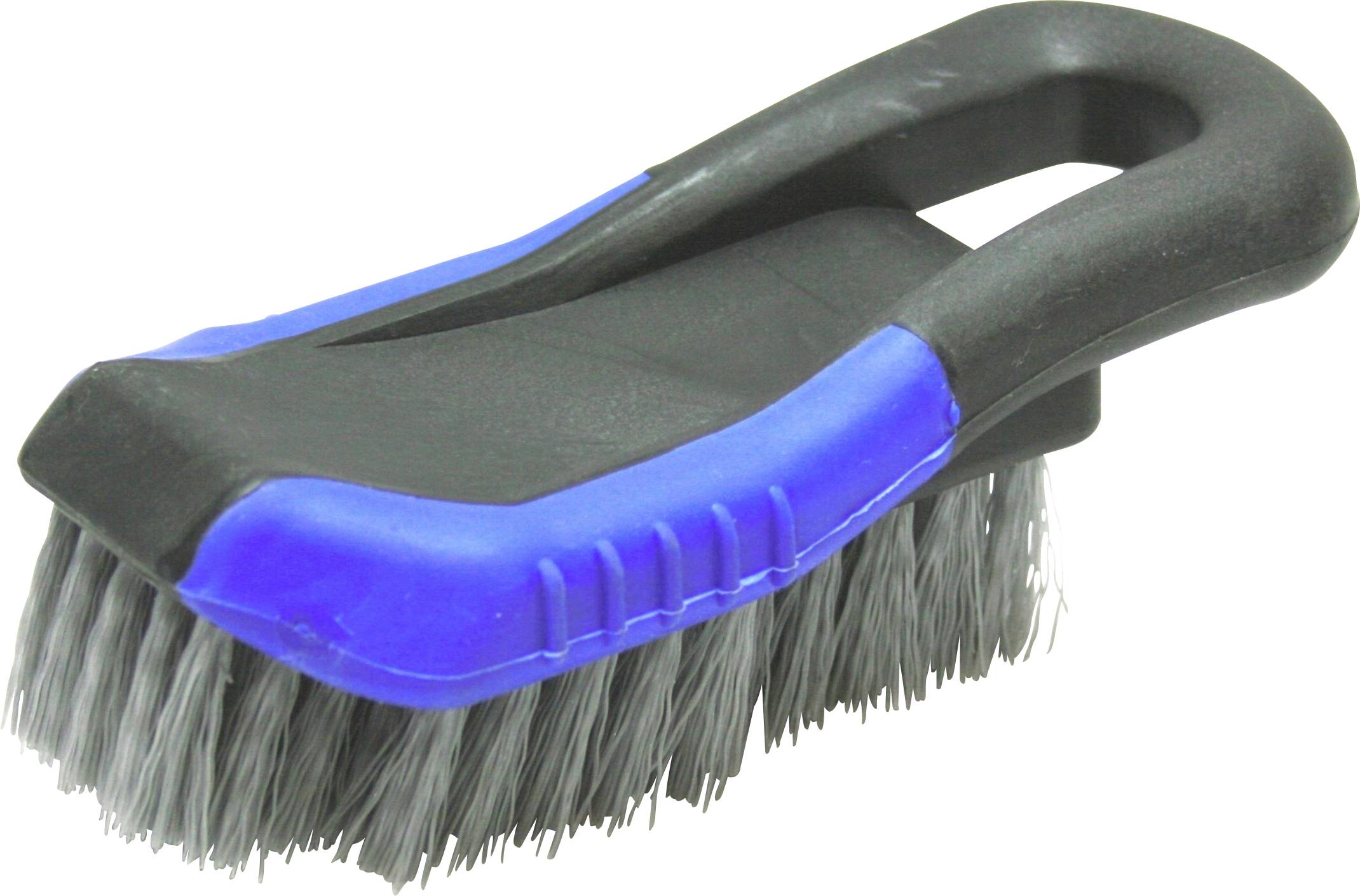 Schwarze Bürste mit grauen Borsten und blauem Griff, geeignet zum Schrubben und Reinigen.