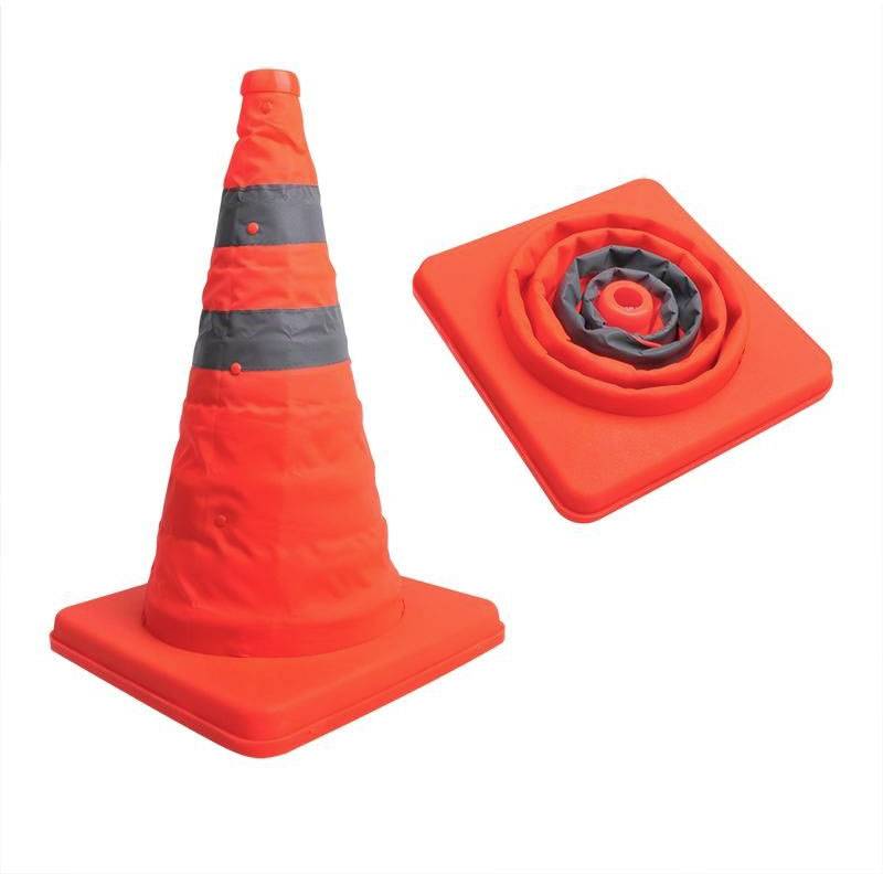 Ein zusammenklappbarer roter Verkehrskegel und seine flach gefaltete Version. Ideal für einfache Lagerung und Transport.