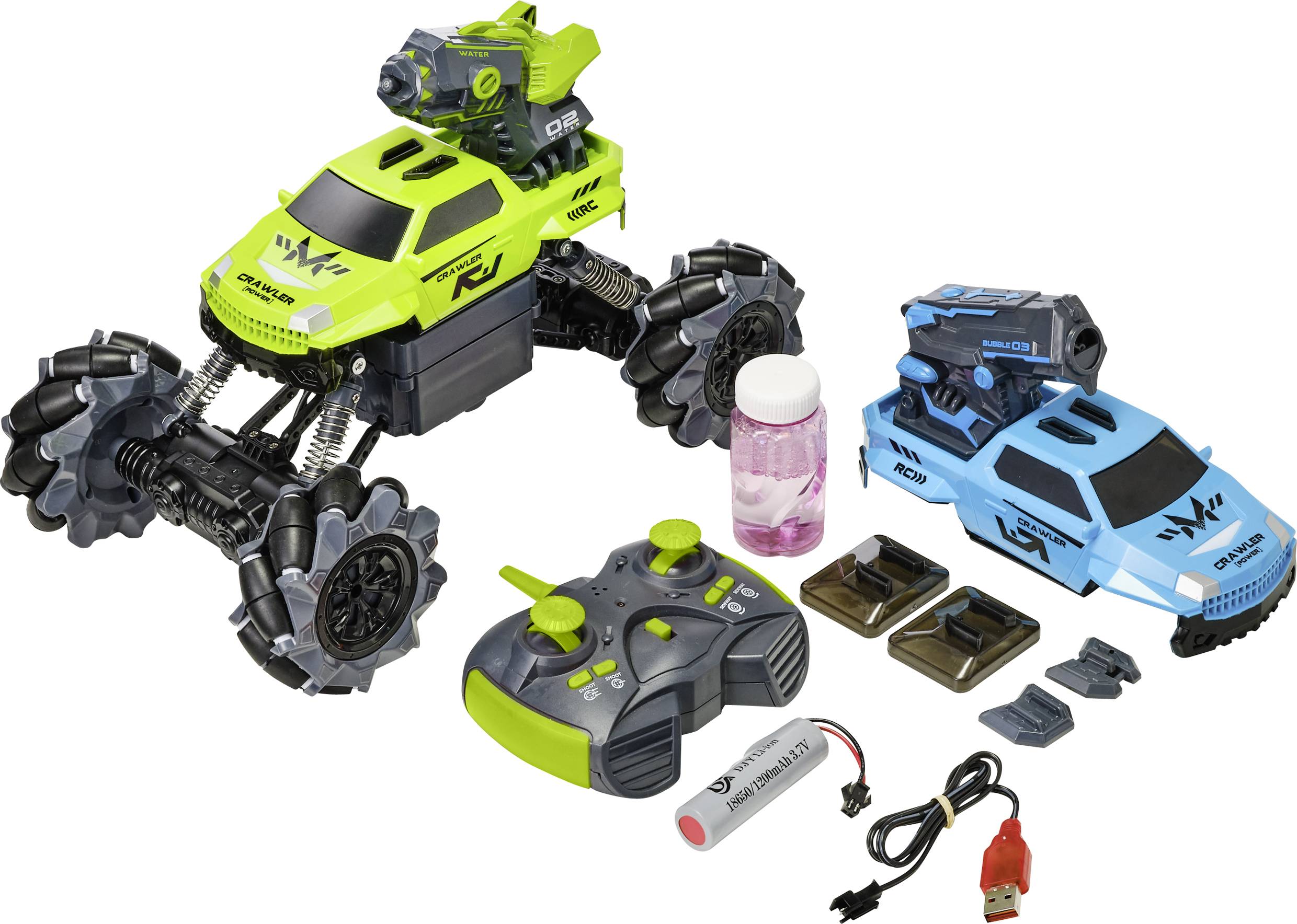 2-in-1 Crawler mit Wasserstrahl und Seifenblasen RC Einsteiger Modellauto Elektro Crawler Allradantrieb (4WD) inkl. Akku und