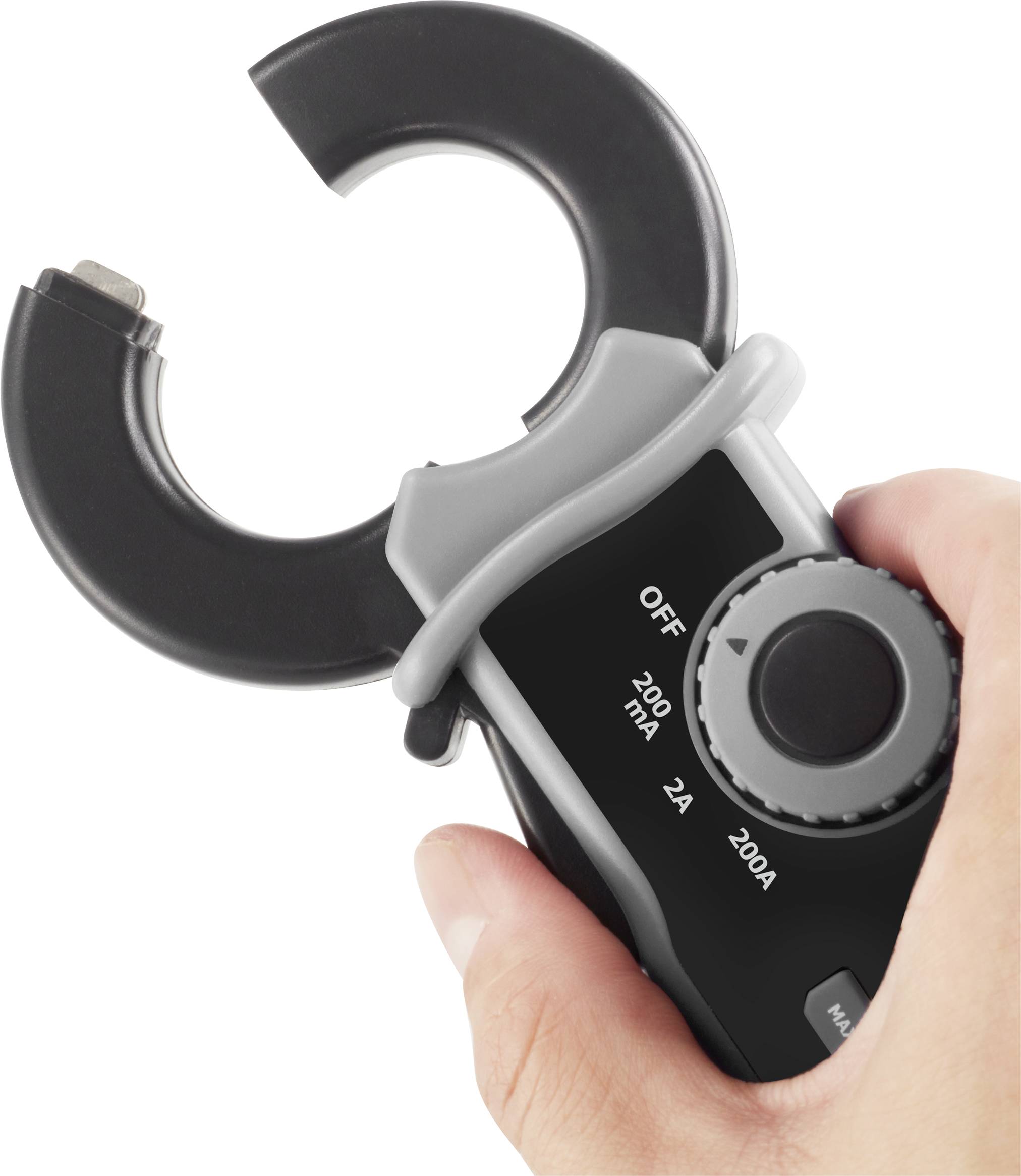 Ein Handmessgerät mit Zangensensor zur Strommessung. Es zeigt verschiedene Ampere-Einstellungen und hat einen großen Drehregler.