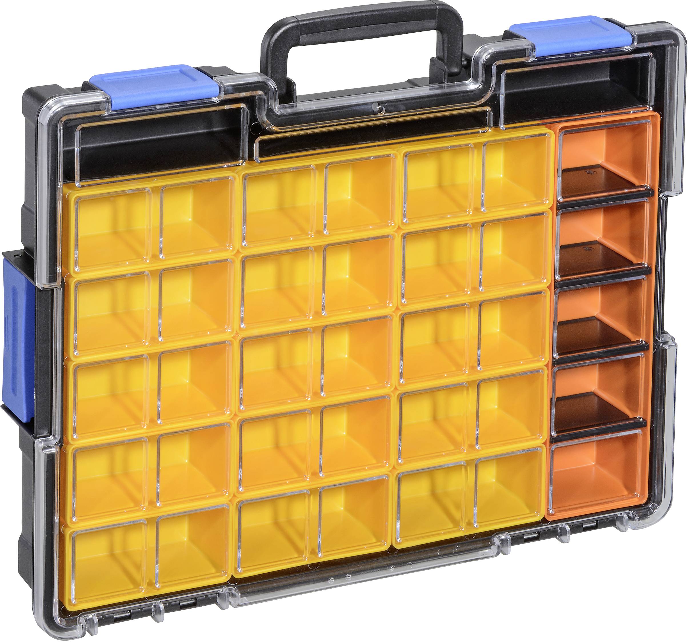 Organizer mit 32 Fächern: 24 große gelbe Fächer und 8 kleine orange Fächer, ideal zur Aufbewahrung von Kleinteilen.