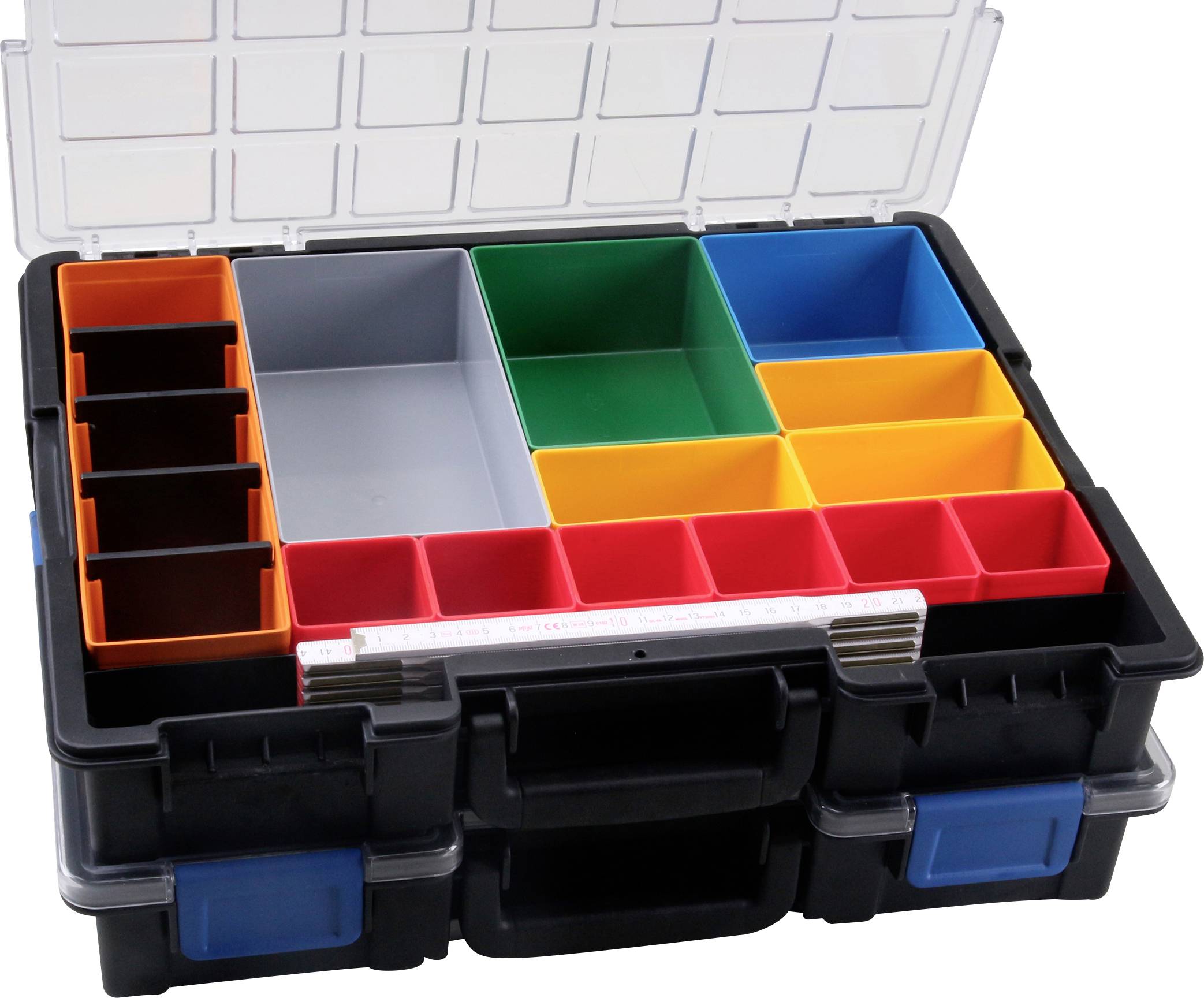 Offene Aufbewahrungsbox mit variablen, bunten Fächern, die zur Organisation von Kleinteilen geeignet ist.
