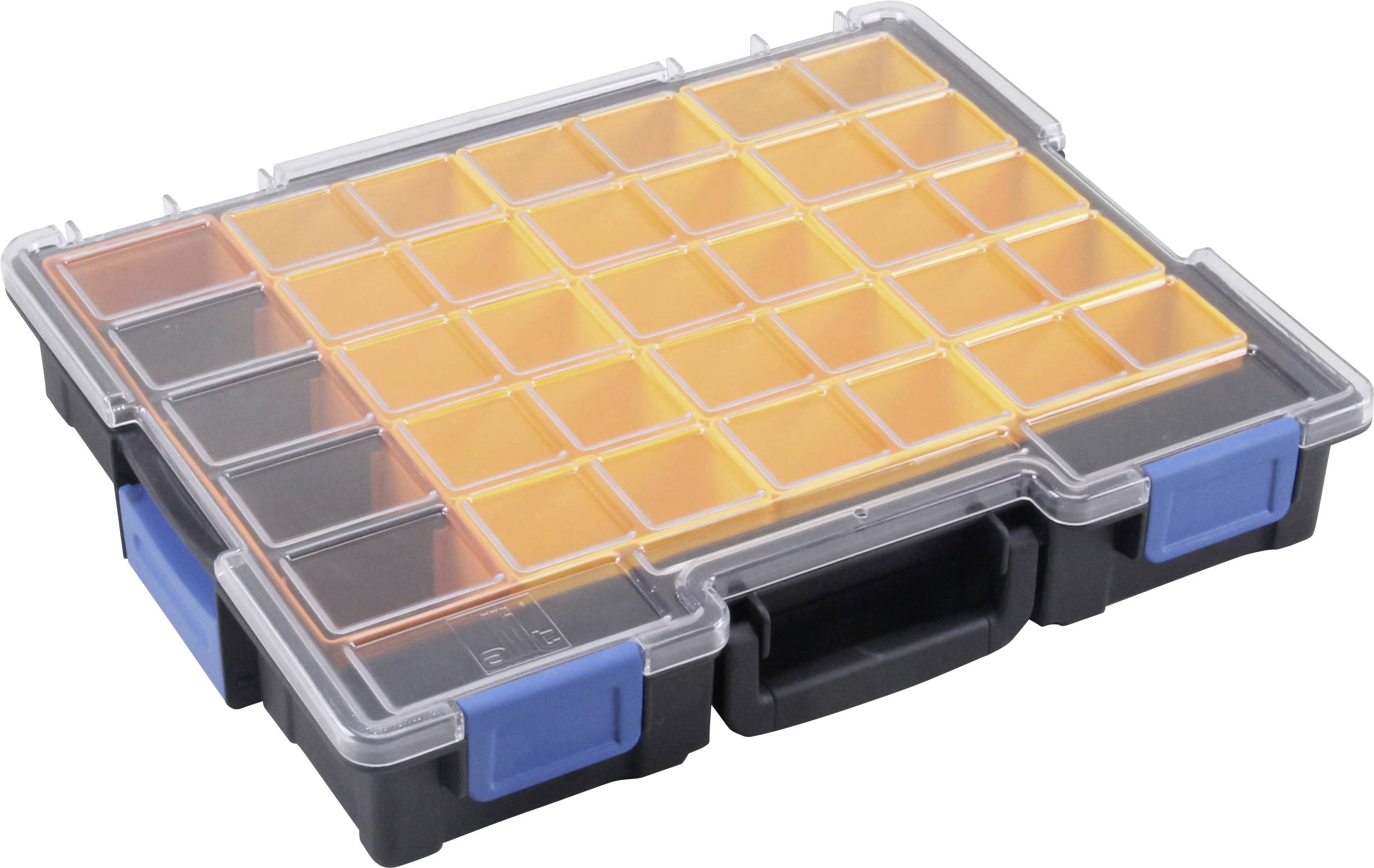 Transparente Plastikbox mit 28 quadratischen Fächern, gefüllt mit orangefarbenen Einsatzkästen, geeignet zur Kleinteileaufbewahrung.