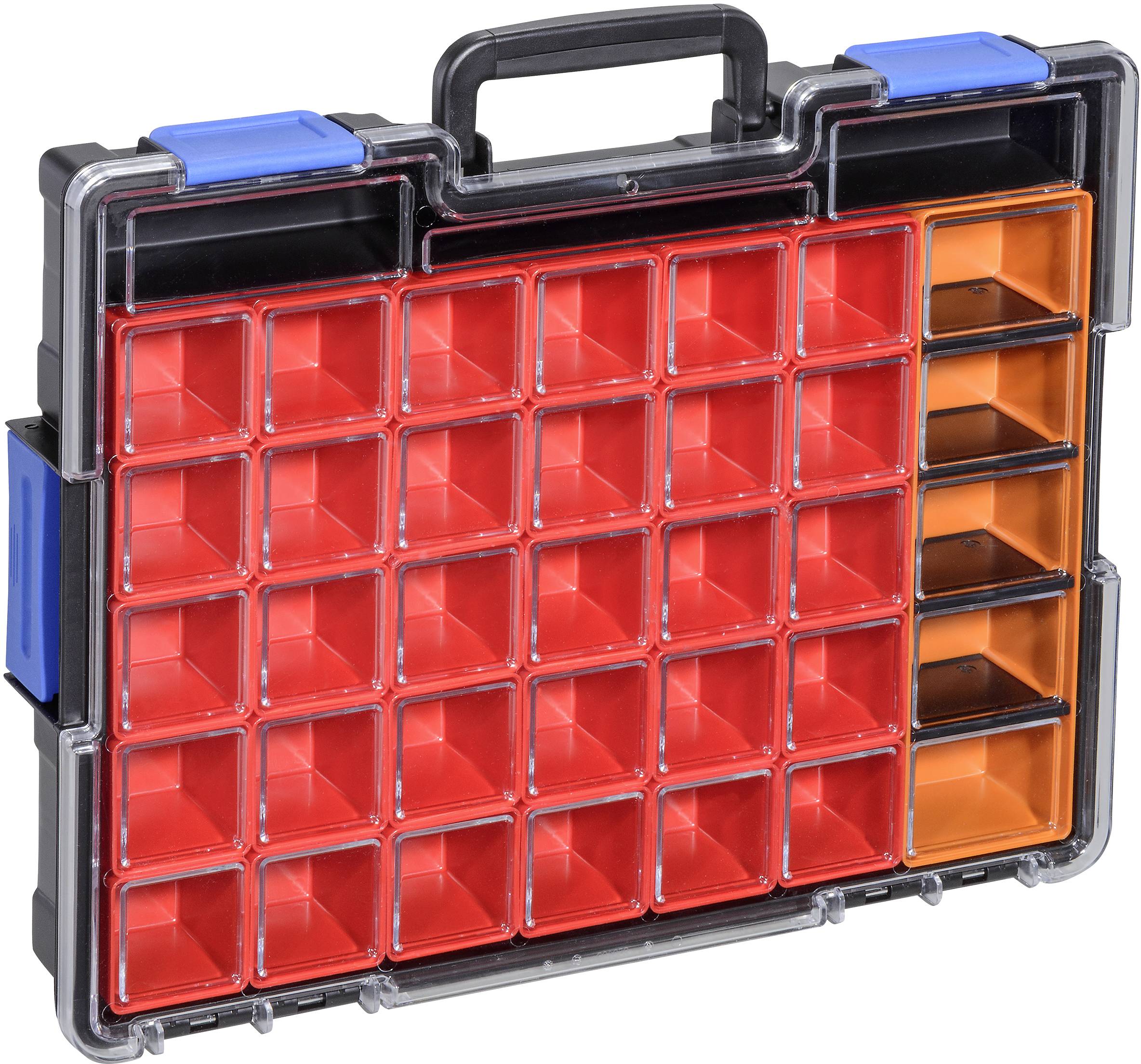 Eine schwarze Werkzeugkiste mit Griff, gefüllt mit roten und orangefarbenen Plastikkästen unterschiedlicher Größe, zur Aufbewahrung.