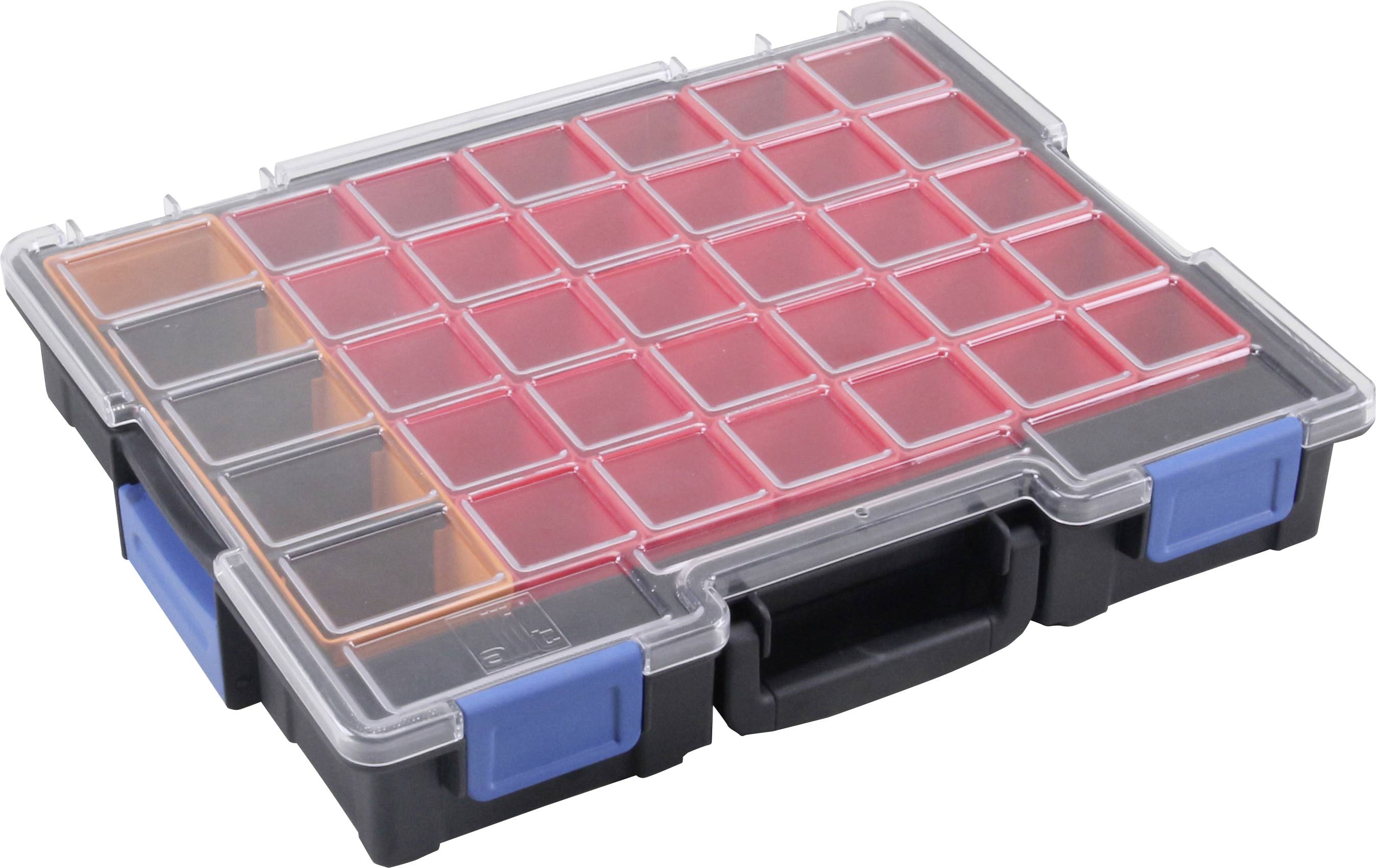 Kunststoff-Organizer mit durchsichtigem Deckel, enthält rote und orange Fächer, genutzt für Kleinteile, mit schwarzem Gehäuse und blauem Verschluss.