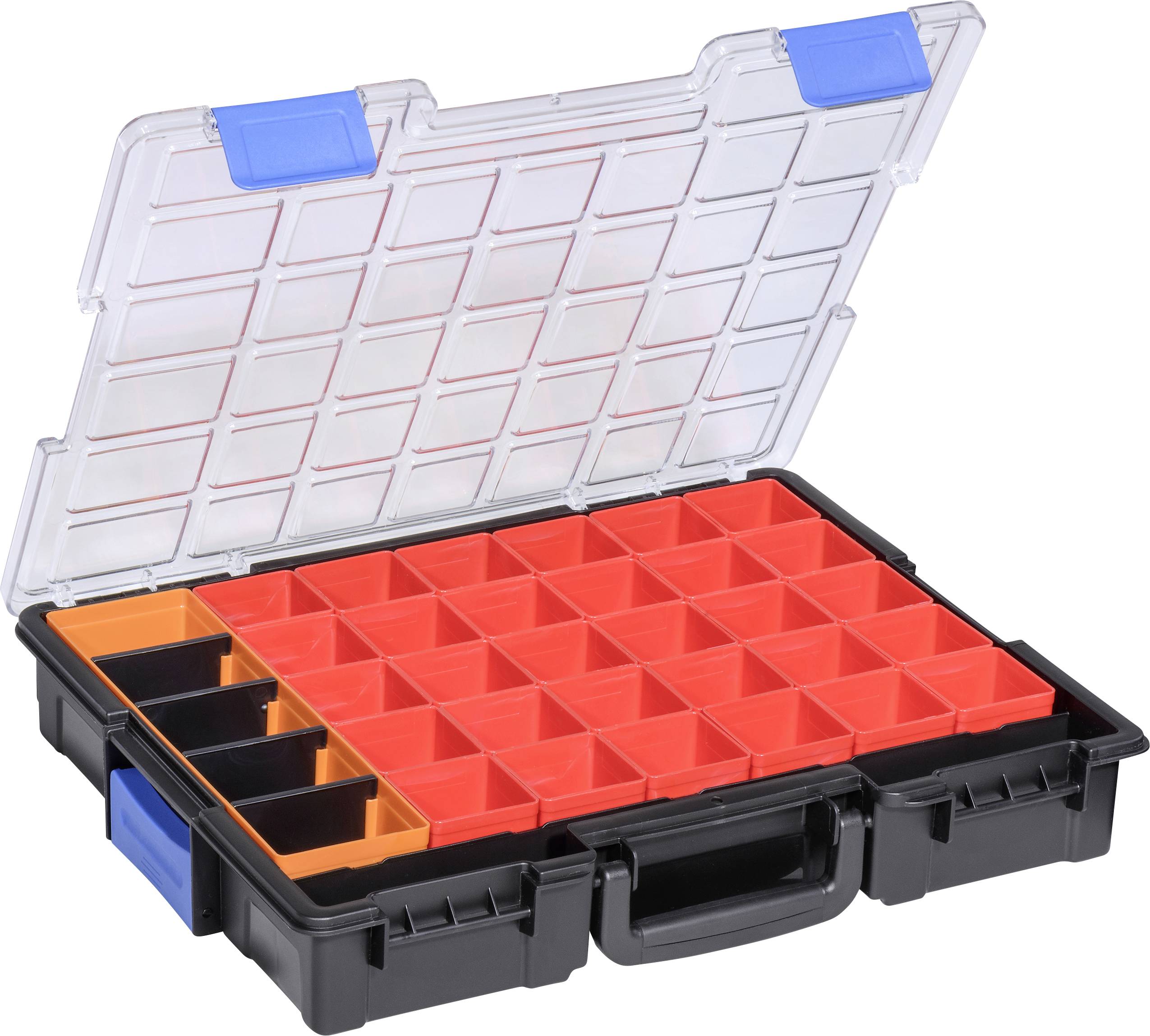 Geöffneter schwarzer Werkzeugkasten mit transparentem Deckel und roten Fächern. Ideal zur Aufbewahrung von kleinen Werkzeugen.