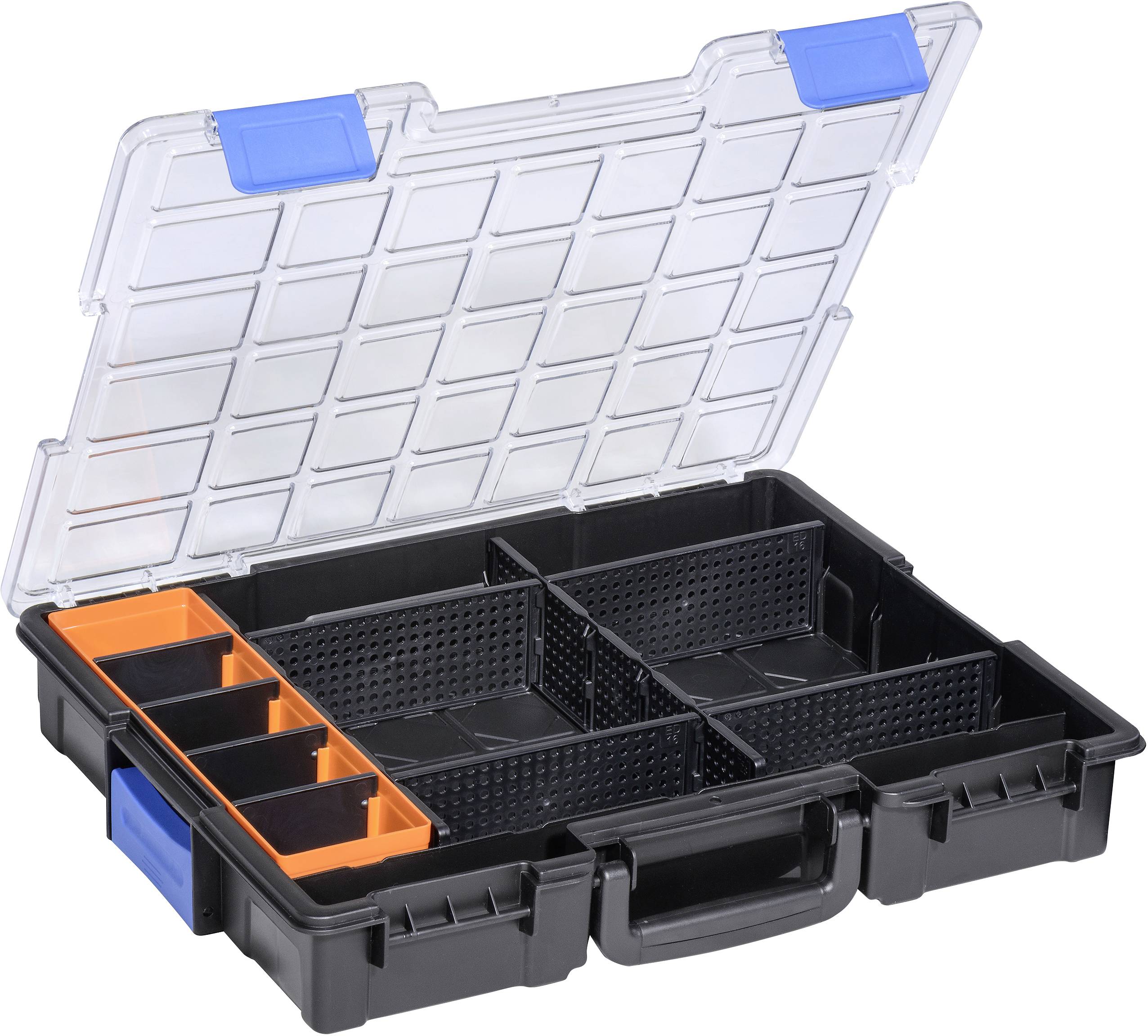 Ein geöffneter Werkzeugkoffer mit Trennfächern. Der Deckel ist transparent, und einige Fächer sind orange markiert. Ideal zur Organisation.