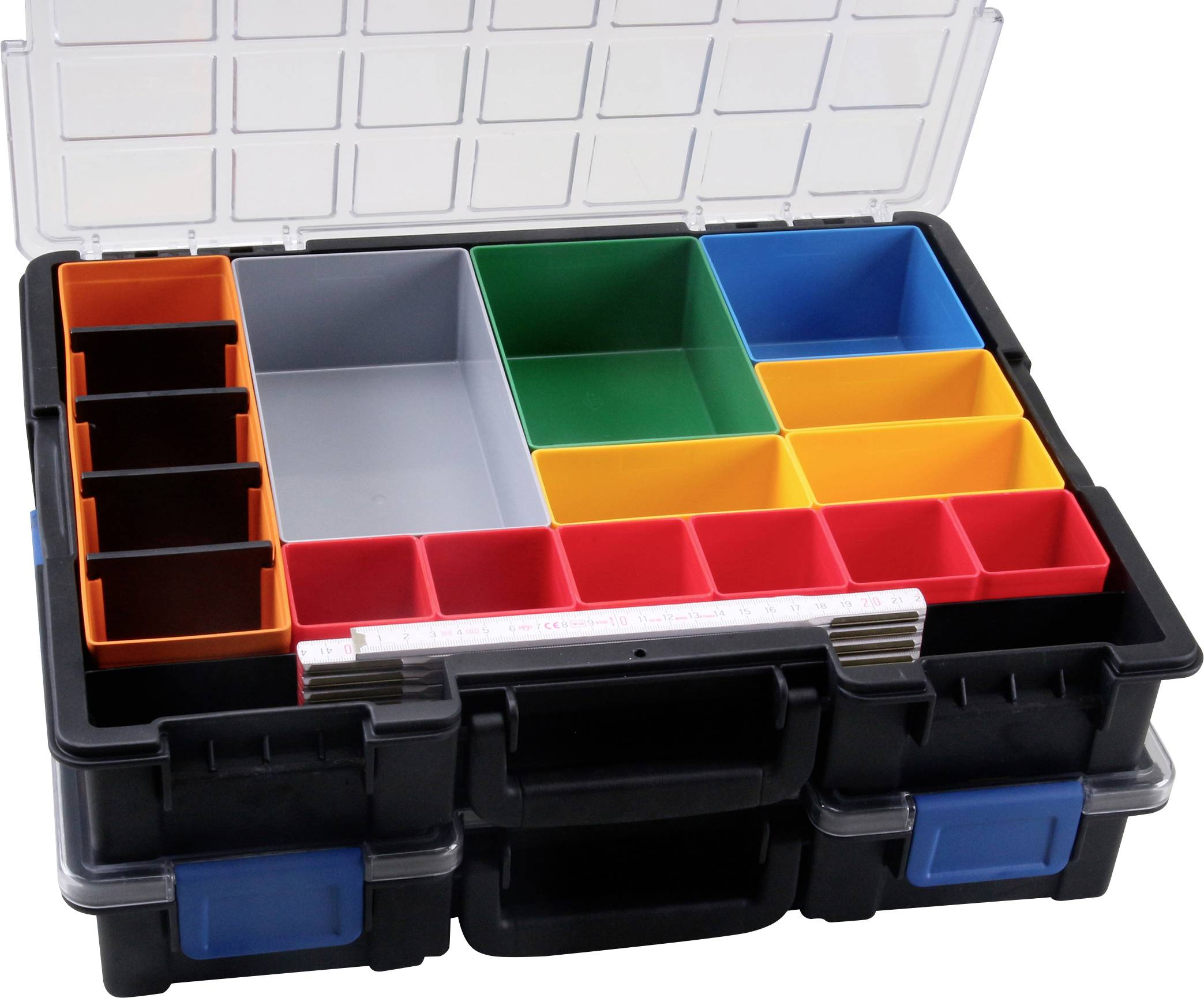 Aufbewahrungsbox mit offenem Deckel, zeigt verschiedene Fächer in diversen Farben und Größen zur Organisation von Kleinteilen.