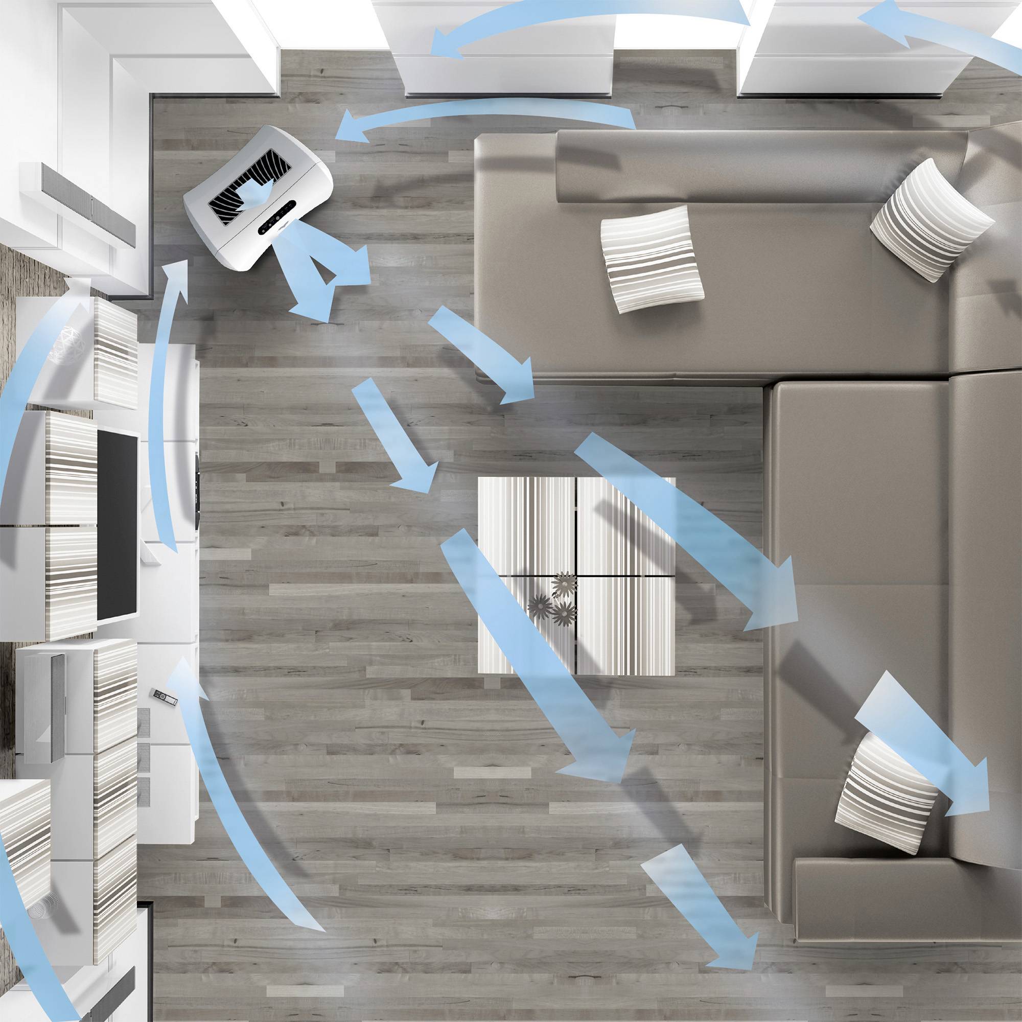 Darstellung der Luftzirkulation in einem Raum mit Sofa, Couchtisch und Bücherregal. Blaue Pfeile zeigen Luftströmung um Möbel herum.