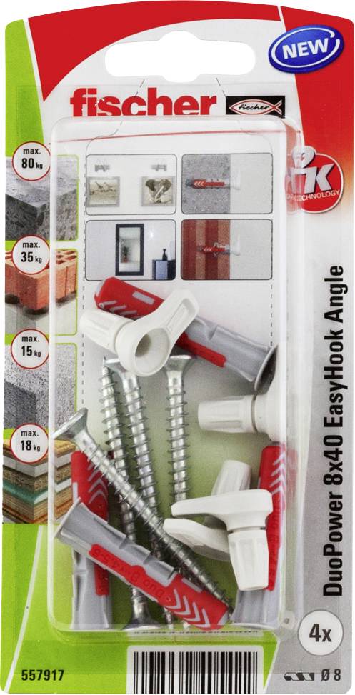 Verpackung mit Fischer Duopower 8x40 EasyHook Angle Dübelset. Enthält vier Dübel und Schrauben für verschiedene Belastungen bis 80 kg.
