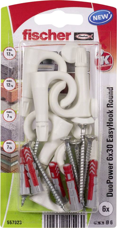 Verpackung mit verschiedenen Dübeln und Schraubhaken der Marke 'fischer'. Geeignet für unterschiedliche Materialien mit Gewichtshinweisen.