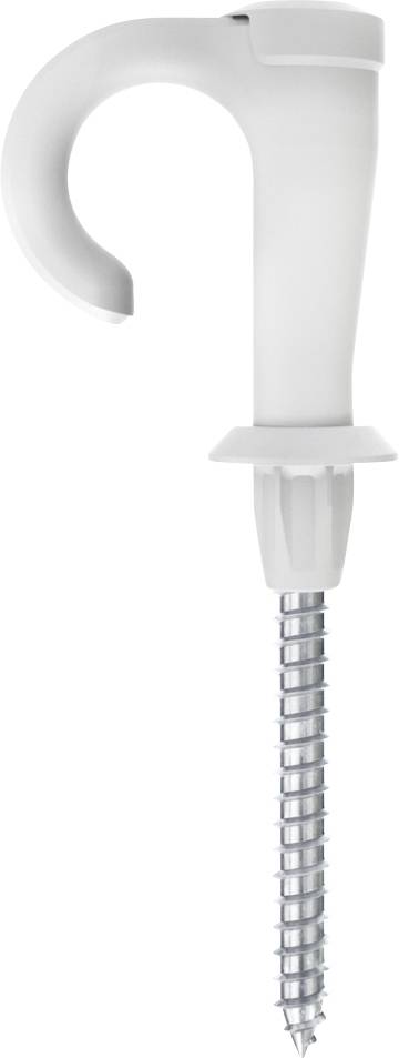 Ein weißer Schraubhaken mit langem, spiralförmigem Metallteil. Dient zur Befestigung in Wänden oder Decken.