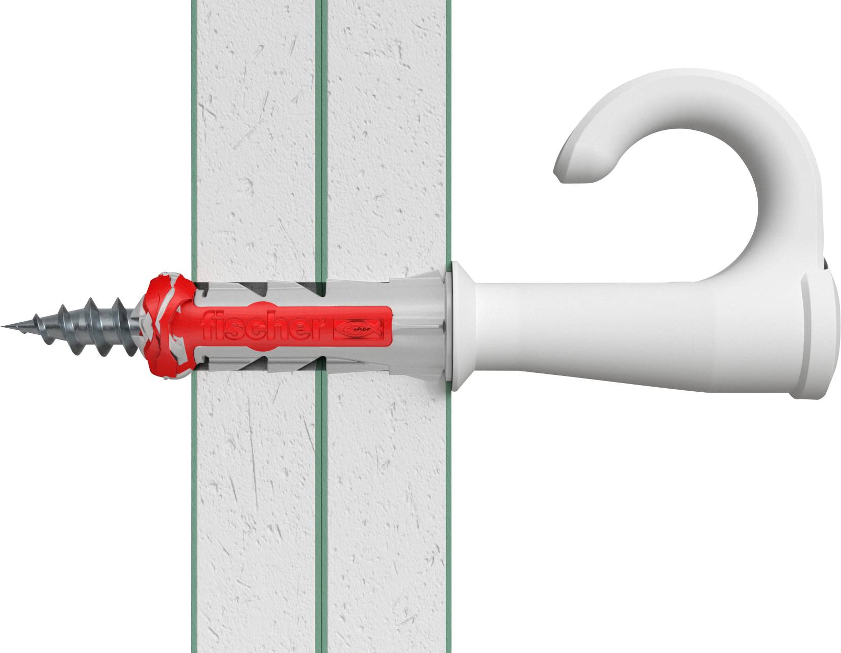 Dargestellt ist ein Kunststoffdübel und Haken, der in einer Wand mit Schichten installiert ist. Der Dübel hat eine rot-graue Farbgebung.