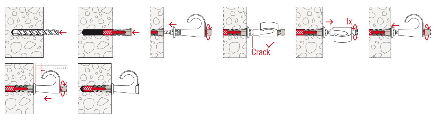 Diagramm zeigt Schritte zur Befestigung eines Hakens in einer Betonwand mit Dübel. Zeigt Bohren, Einführen des Dübels und Haken.