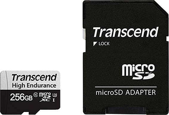'Transcend High Endurance microSD-Karte 256GB' neben einem 'microSD Adapter'.