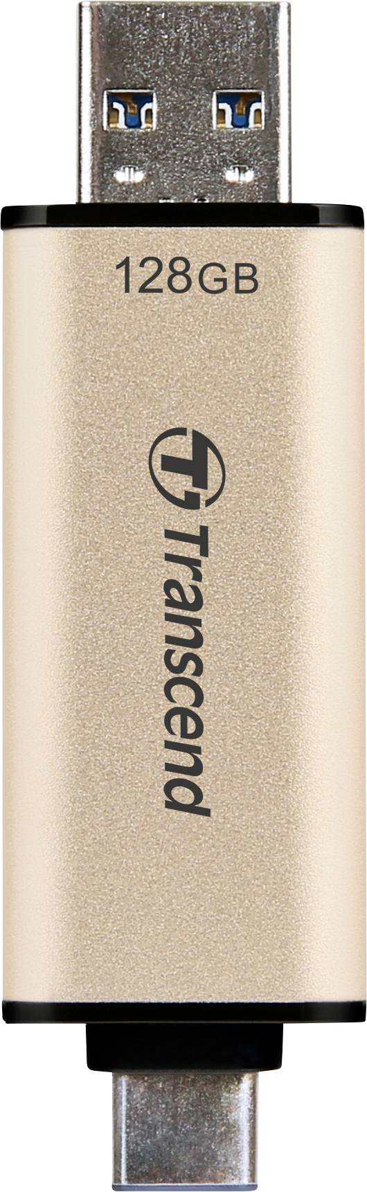 USB-Stick mit der Aufschrift 'Transcend' und '128GB'. Der Stick hat USB-Steckverbinder an beiden Enden.