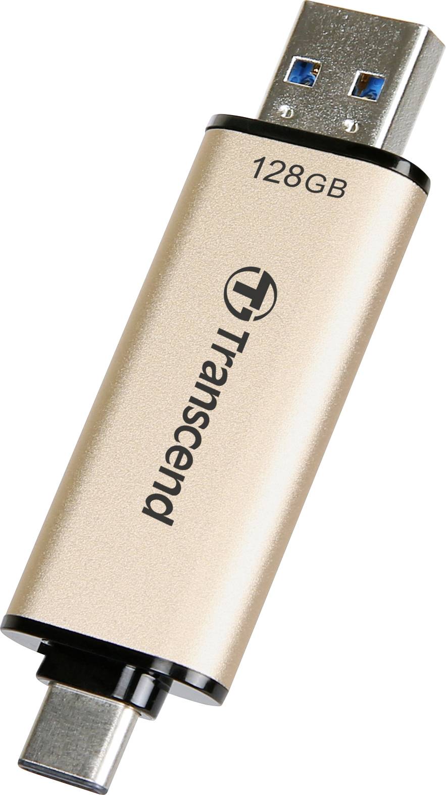 Ein goldfarbener USB-Stick der Marke Transcend mit 128GB Speicher und zwei Anschlüssen: einem USB-A und einem USB-C.