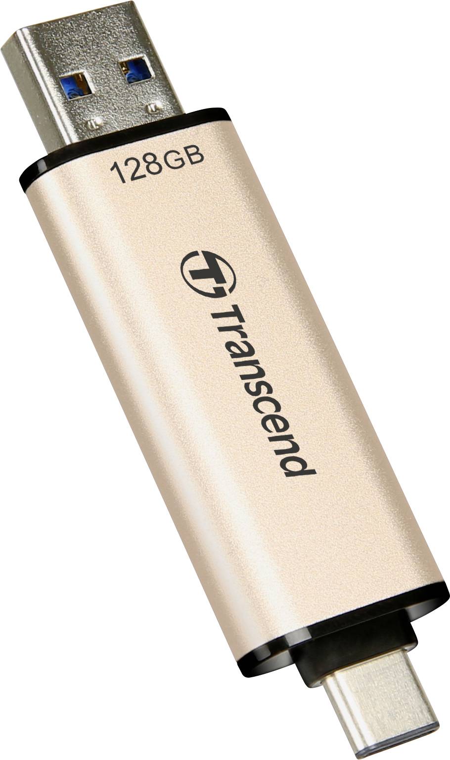 USB-Stick von Transcend, 128 GB Kapazität, mit USB-C- und USB-A-Anschluss für vielseitige Nutzung an verschiedenen Geräten.