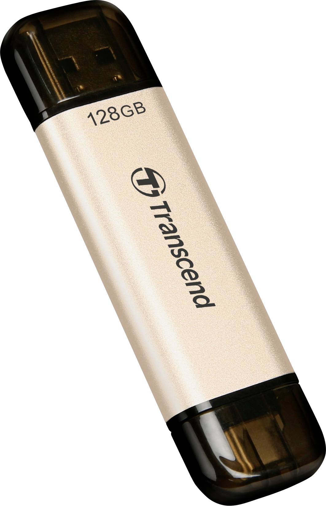 Ein USB-Speicherstick von Transcend mit 128 GB Kapazität. Beige mit schwarzen Enden.