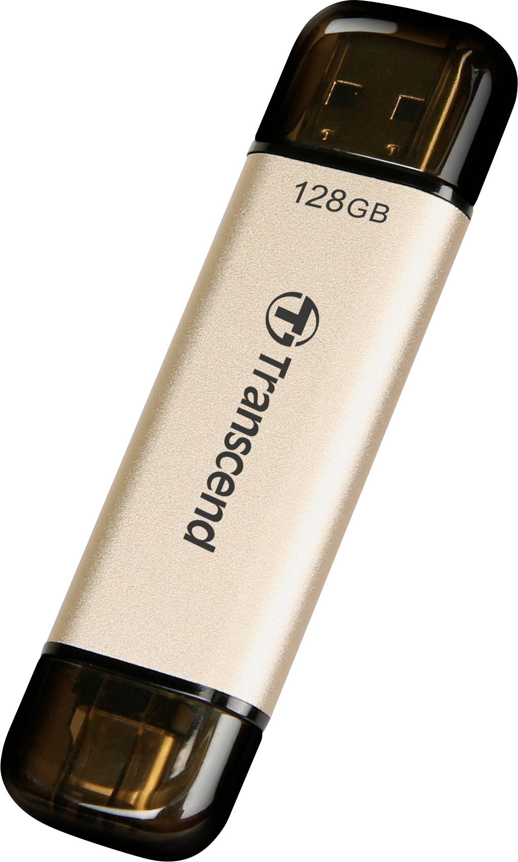 USB-Stick der Marke Transcend mit 128 GB Speicherkapazität. Gehäuse in Metallic-Optik, schwarze Kappen an beiden Enden.
