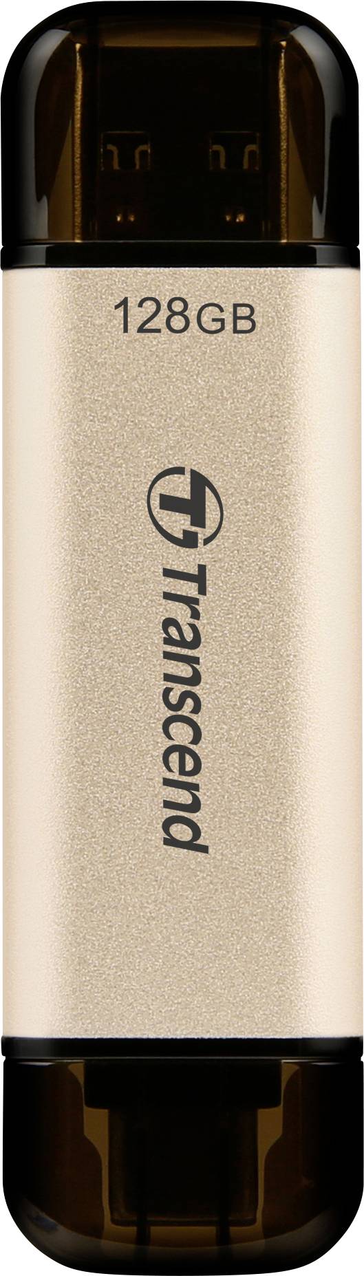 USB-Stick von Transcend mit 128 GB Kapazität, goldfarbenes Gehäuse, schwarzer Verschluss. Ideal zum Speichern und Transportieren von Daten.