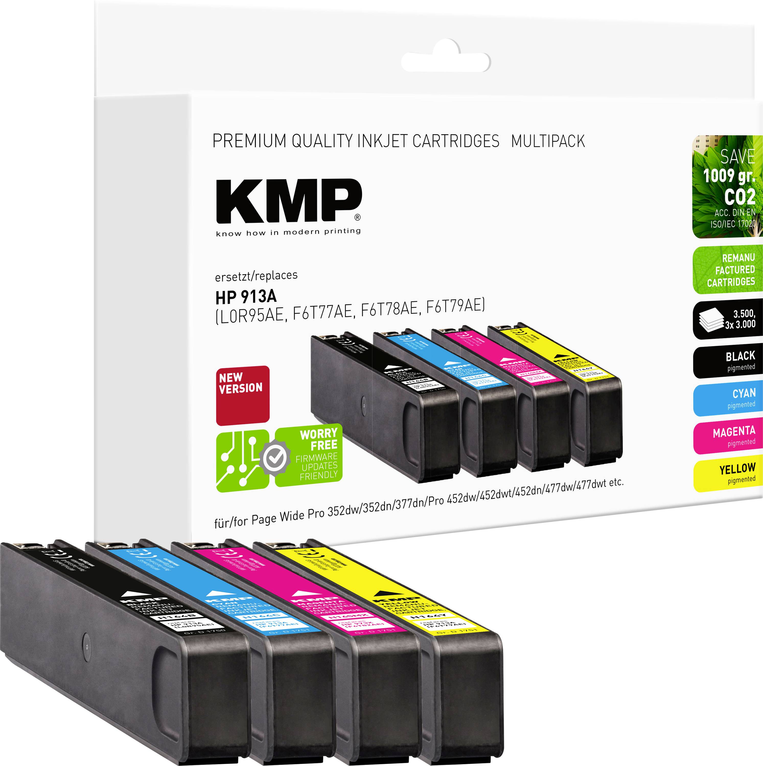 'KMP Premium Quality Inkjet Kartuschen Multipack', kompatibel mit HP 913A Serie. Enthält schwarze, cyan, gelbe und magenta Kartuschen.