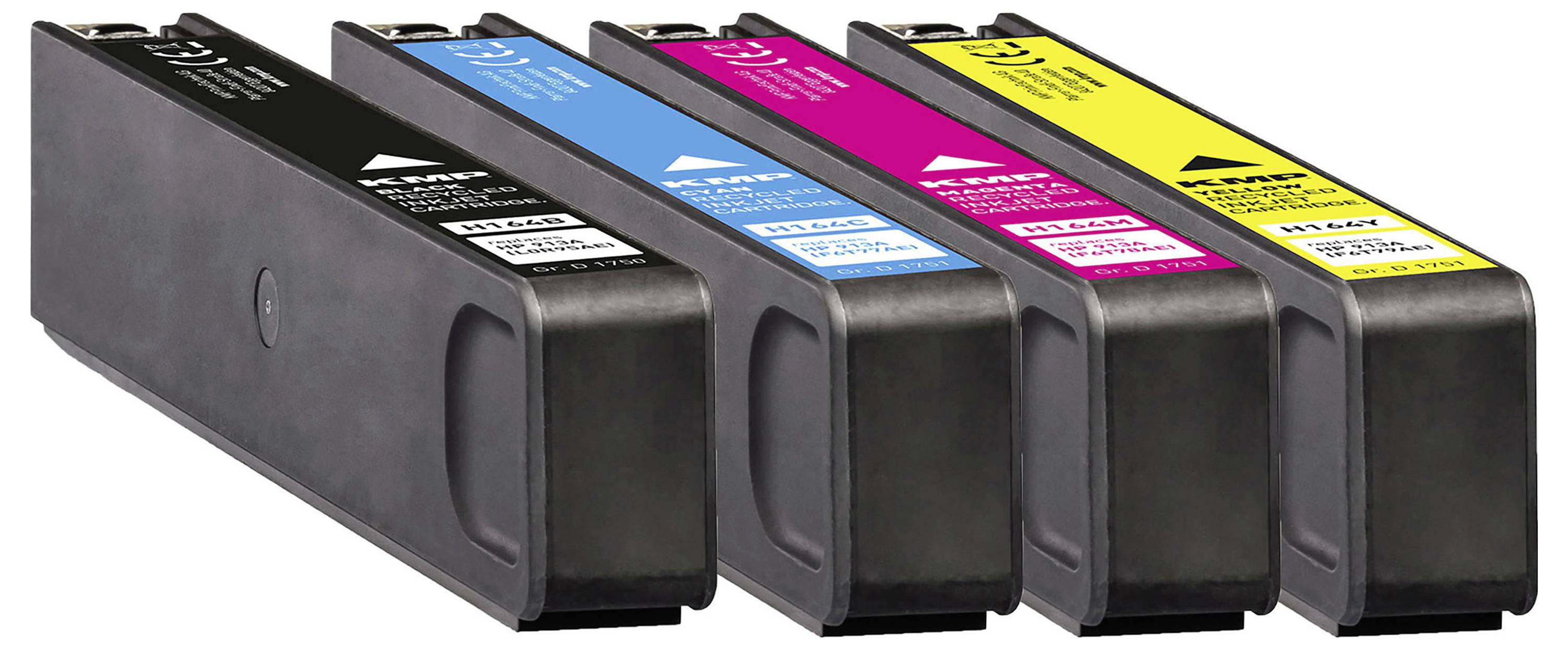 Vier Druckerpatronen in Schwarz, Cyan, Magenta und Gelb sind nebeneinander ausgerichtet und demonstrieren einen standardmäßigen CMYK-Farbsatz.