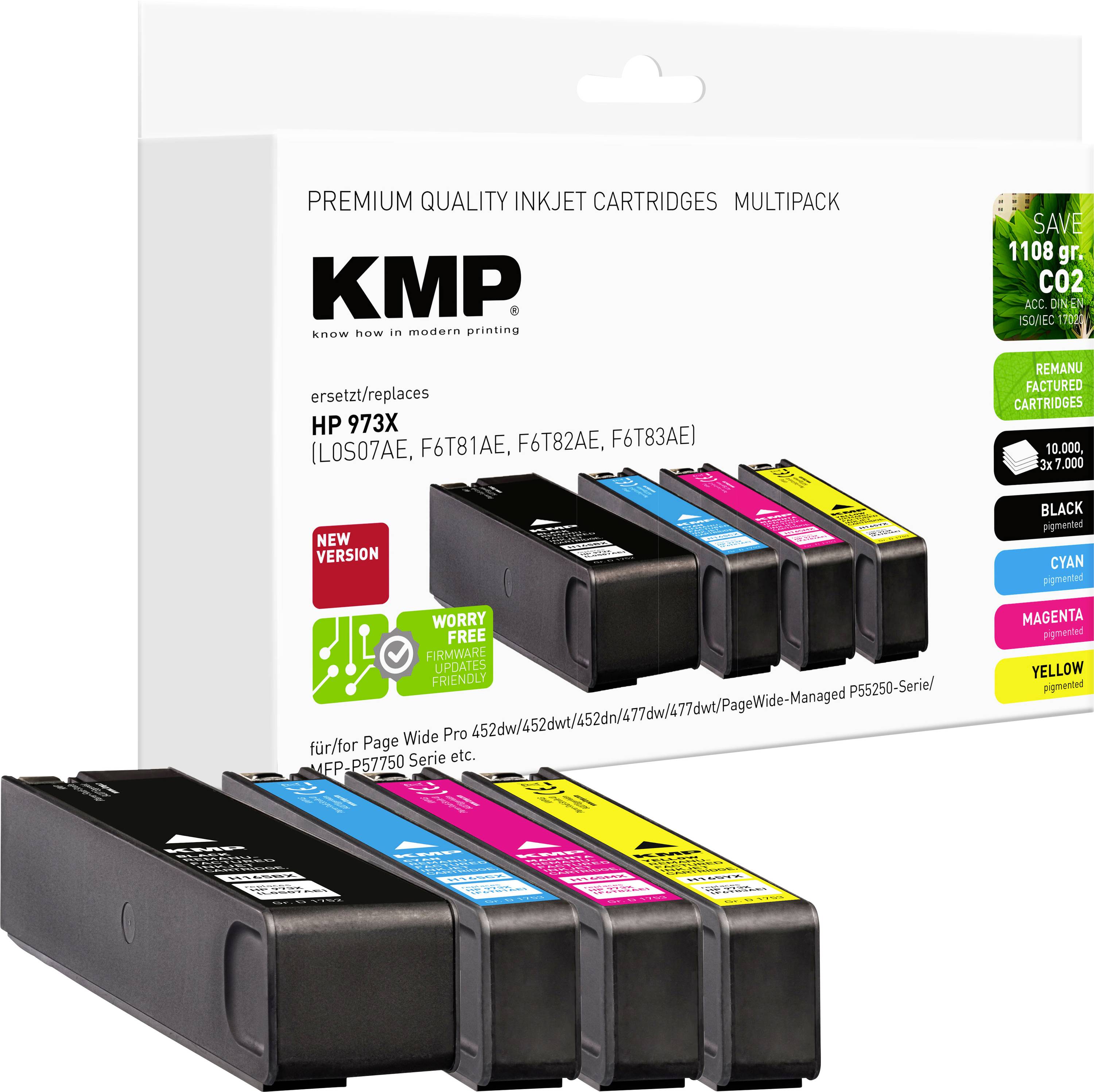 'KMP Premium Quality Tintenpatronen Multipack' für HP-Drucker. Enthält schwarz, cyan, magenta, gelb. Verspricht '1108 g CO2 eingespart'.