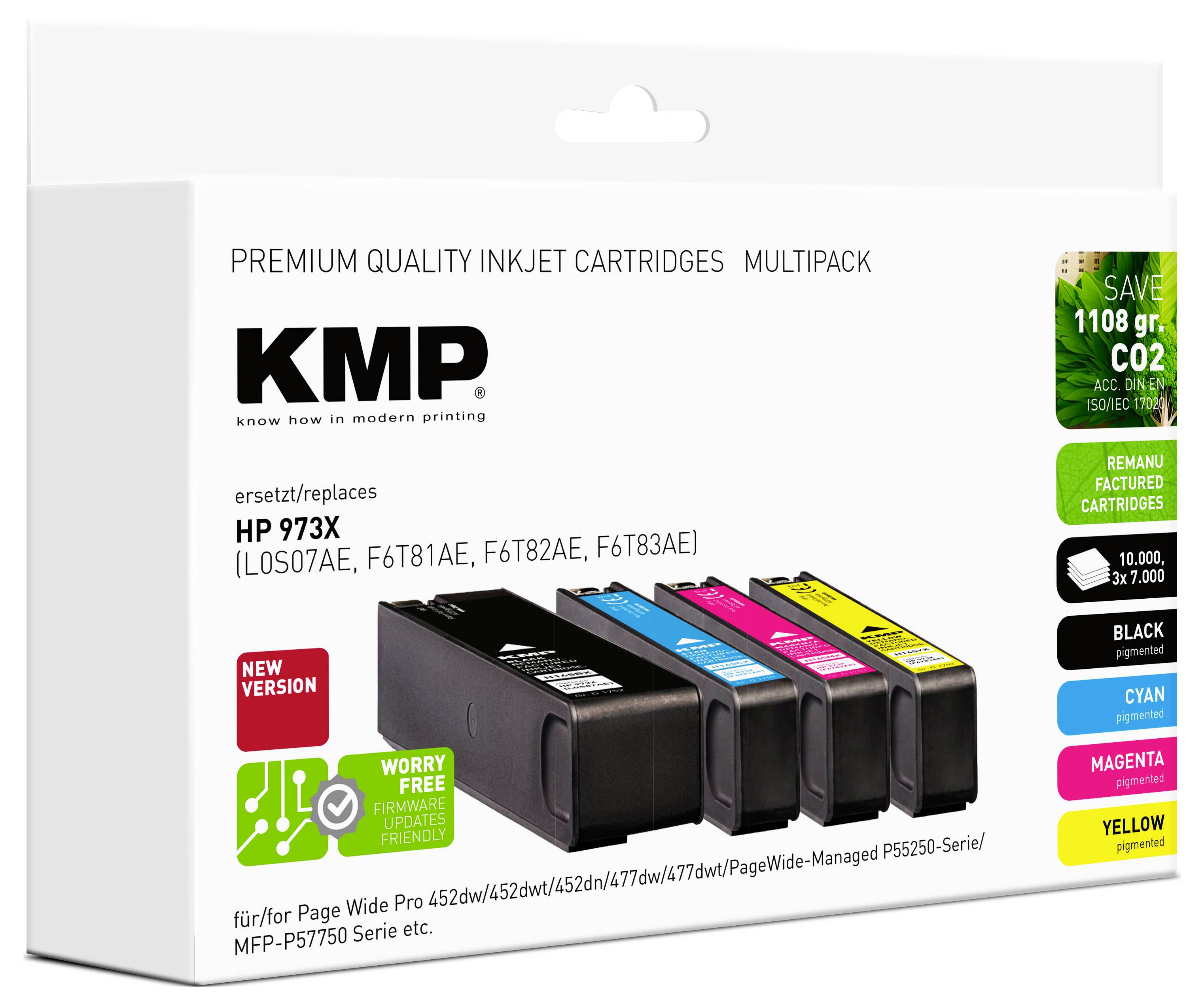 Verpackung von KMP Premium-Tintenpatronen-Multipack für HP 973X, mit Patronen in Schwarz, Cyan, Magenta und Gelb.