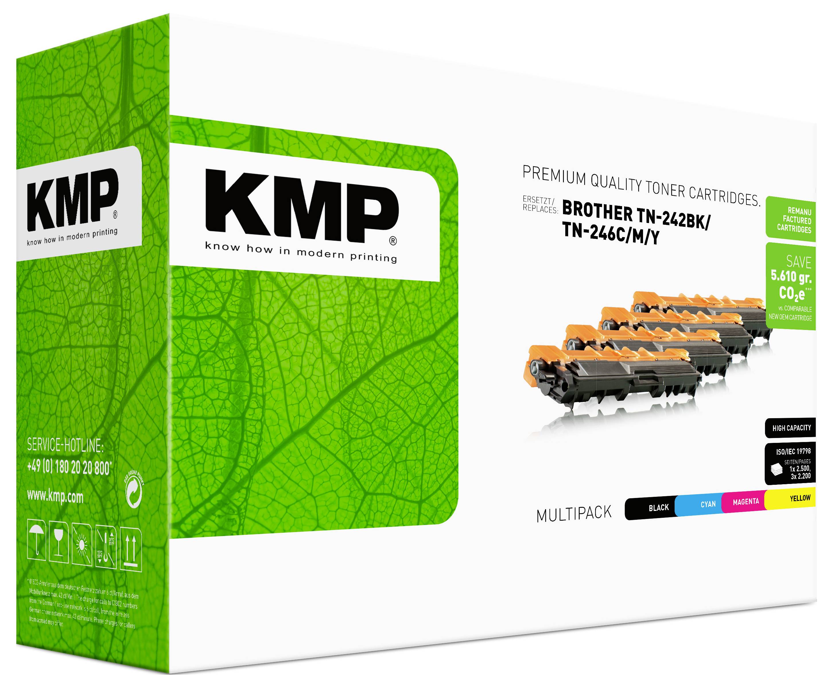 KMP Multipack Tonerpatronen Box für Brother TN-242BK/TN-246C/M/Y, mit schwarzen, cyan-, magenta- und gelben Patronen dargestellt.