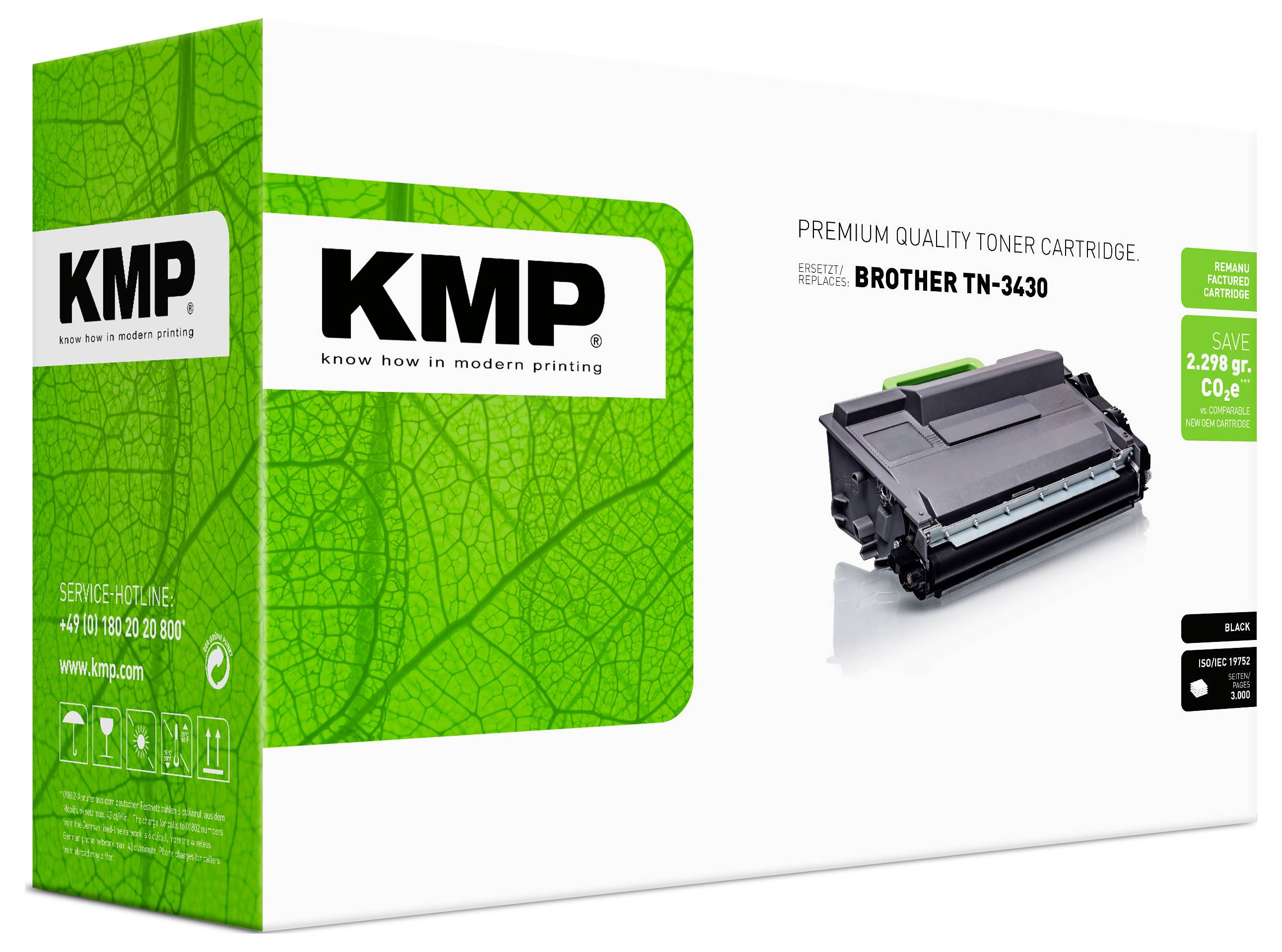 KMP Premium-Qualität Tonerkartusche Verpackung für Brother TN-3430, gezeigt mit grünem Schachtelbauplan und dem Kartuschenproduktbild.