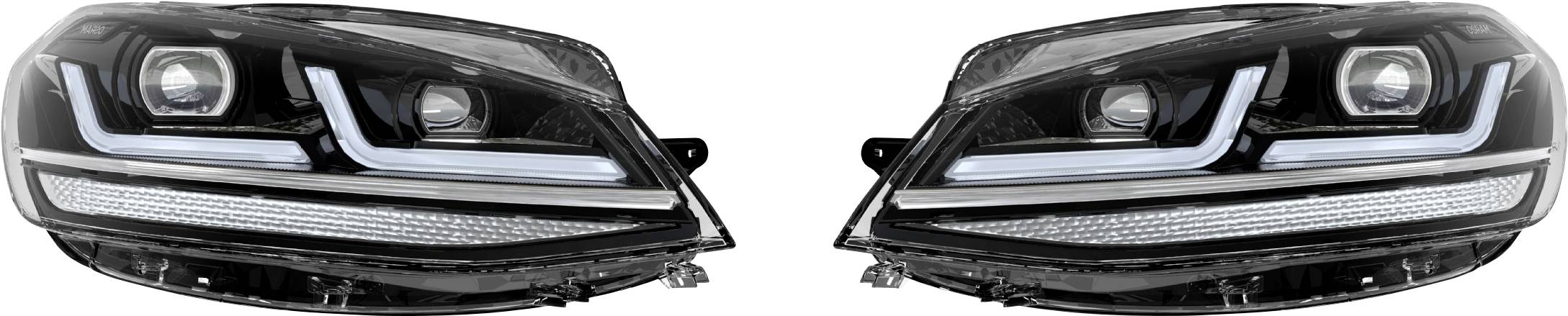 Zwei moderne Autoscheinwerfer mit LED-Technik nebeneinander. Klarlinsen und geometrisches Design dominieren.