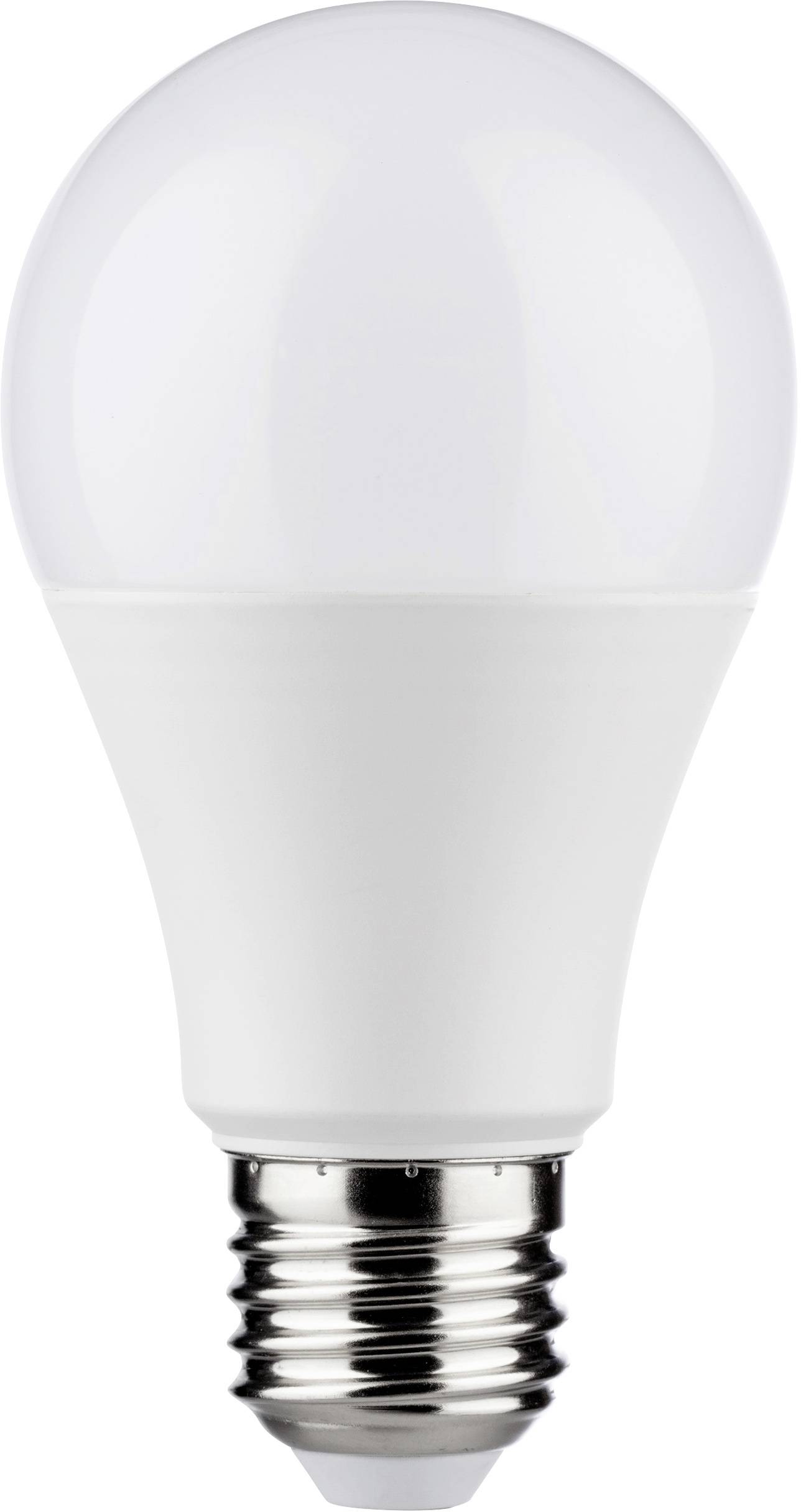 Weiße LED-Glühbirne mit silberner Schraubbefestigung, vor einem neutralen Hintergrund.