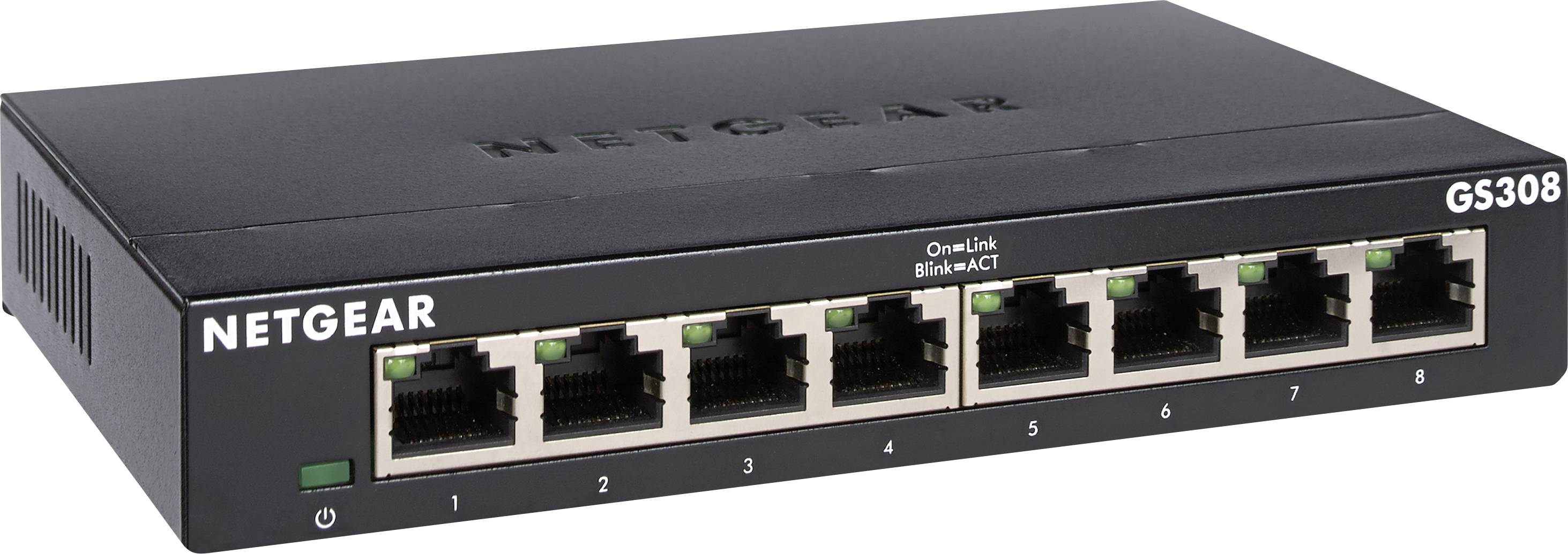 Ein schwarzer NETGEAR Netzwerk-Switch GS308 mit acht Ethernet-Ports zur Verbindung mehrerer Geräte in einem Netzwerk.