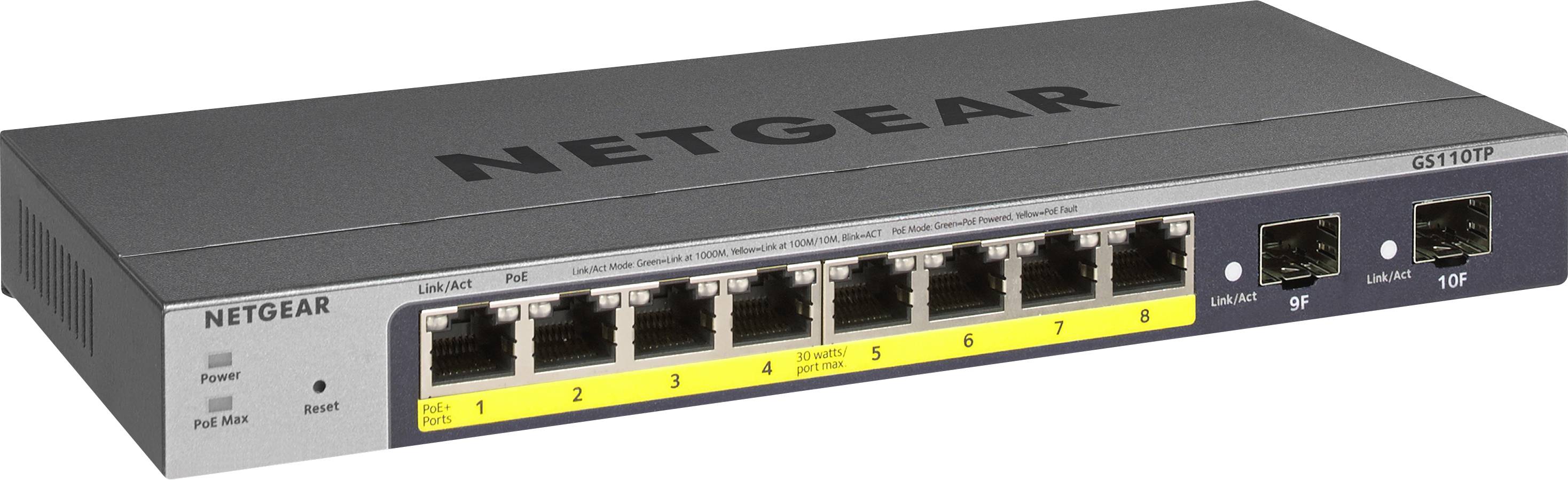 Netzwerk-Switch mit acht LAN-Ports und zwei SFP-Ports. Er ist grau mit der Aufschrift 'Netgear'. Links befinden sich Statusleuchten.