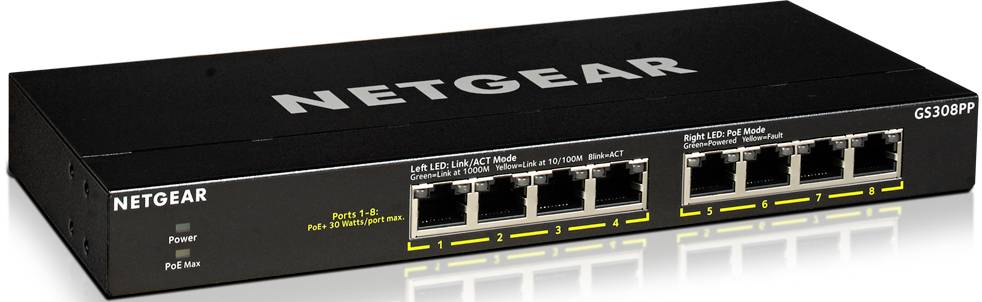 Netzwerkswitch von Netgear, Modell GS308PP, mit 8 Ethernet-Ports und PoE-Unterstützung für den Heim- oder Bürogebrauch.