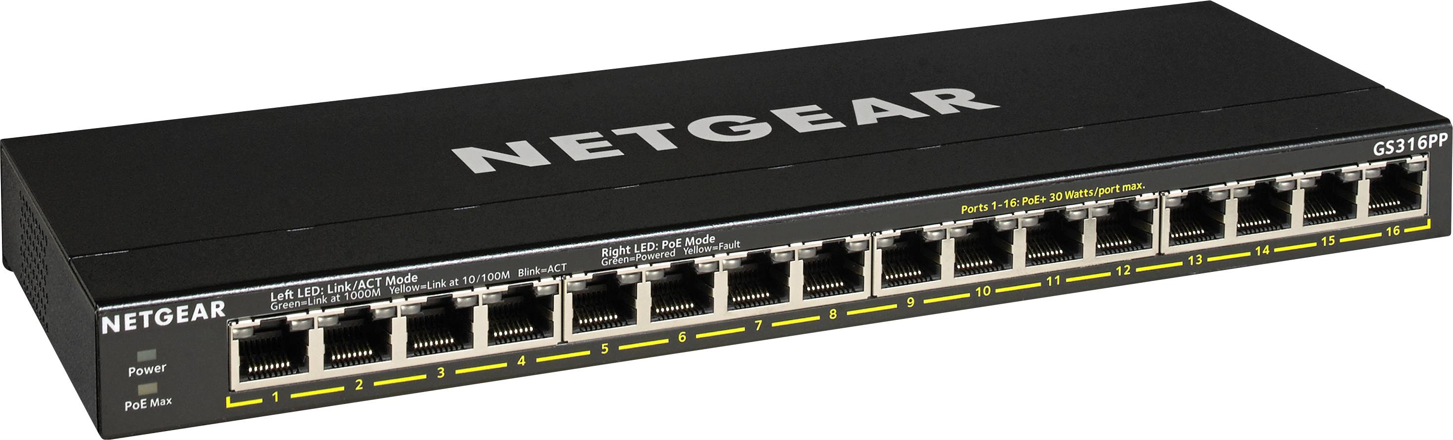 Ein 16-Port-Netzwerk-Switch von Netgear, Modell GS316PP, unterstützt Power-over-Ethernet (PoE). Schlichtes schwarzes Design mit LED-Anzeigen.