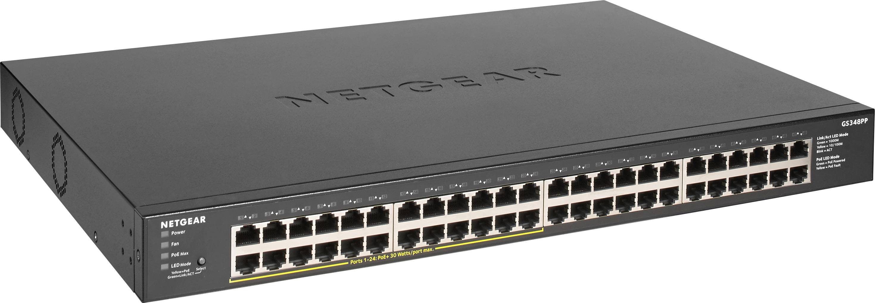 Netzwerkswitch der Marke Netgear mit 48 Ethernet-Ports, geeignet für den Einsatz in Unternehmensnetzwerken zur Verwaltung von Datenverkehr.