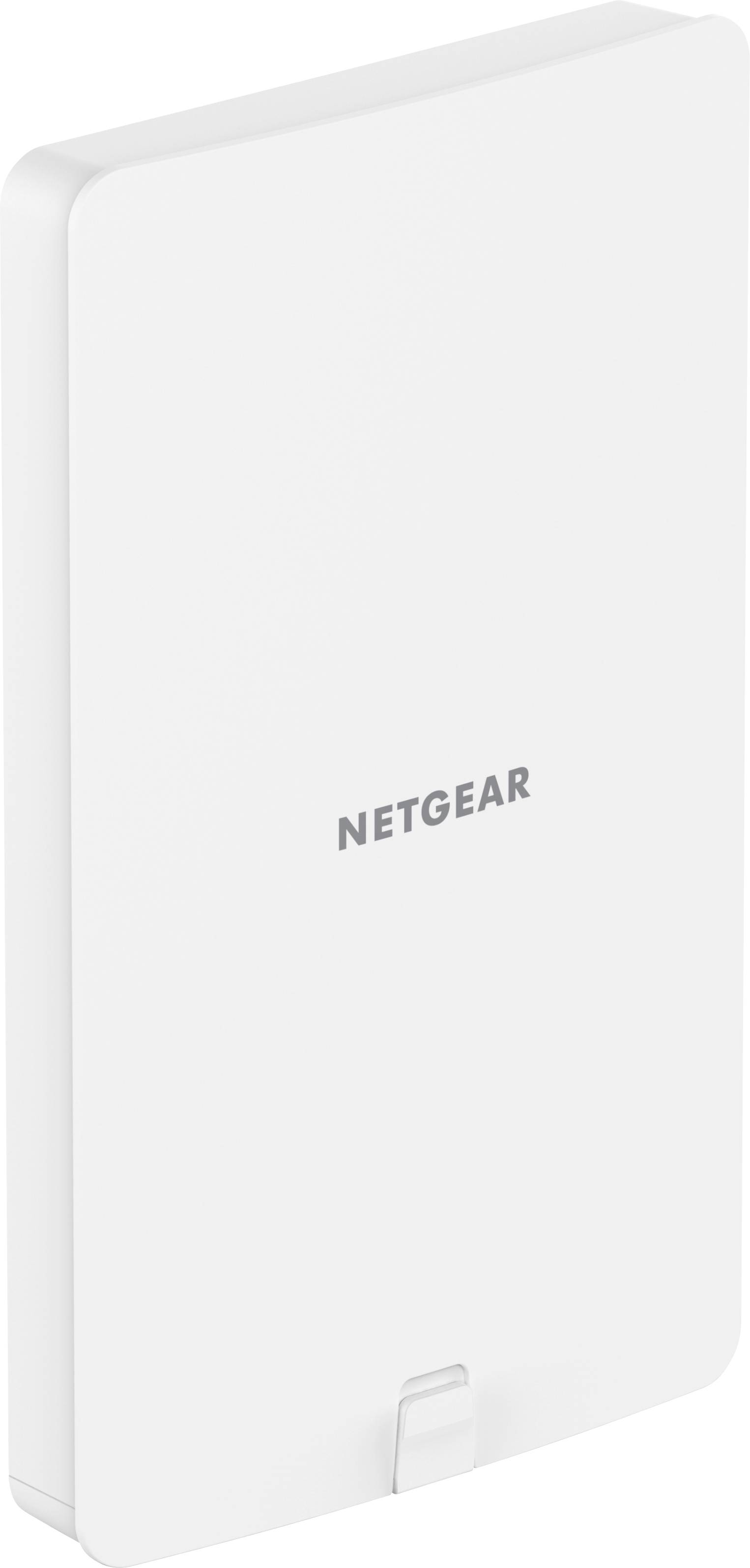Ein weißes Netgear-Gerät, rechteckig und flach, mit dem Logo in der Mitte; möglicherweise ein WLAN-Zugangspunkt oder Router.