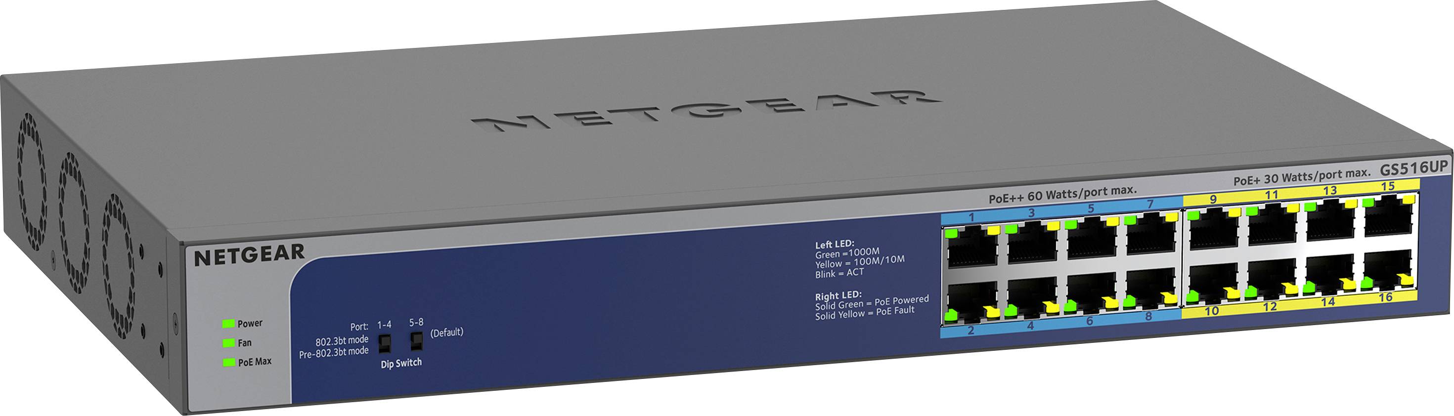 Netzwerkswitch von Netgear mit 16 Ethernet-Ports, geeignet für Verbindungen in einem Unternehmensnetzwerk.
